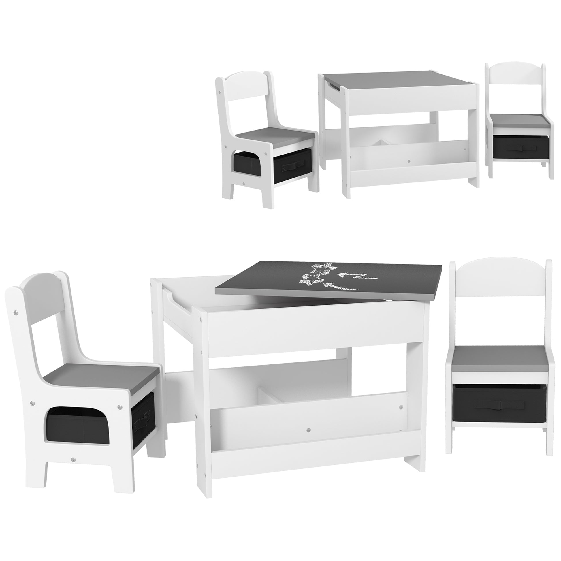 Three-Piece Kids Table and Chair Set with Blackboard, Storage