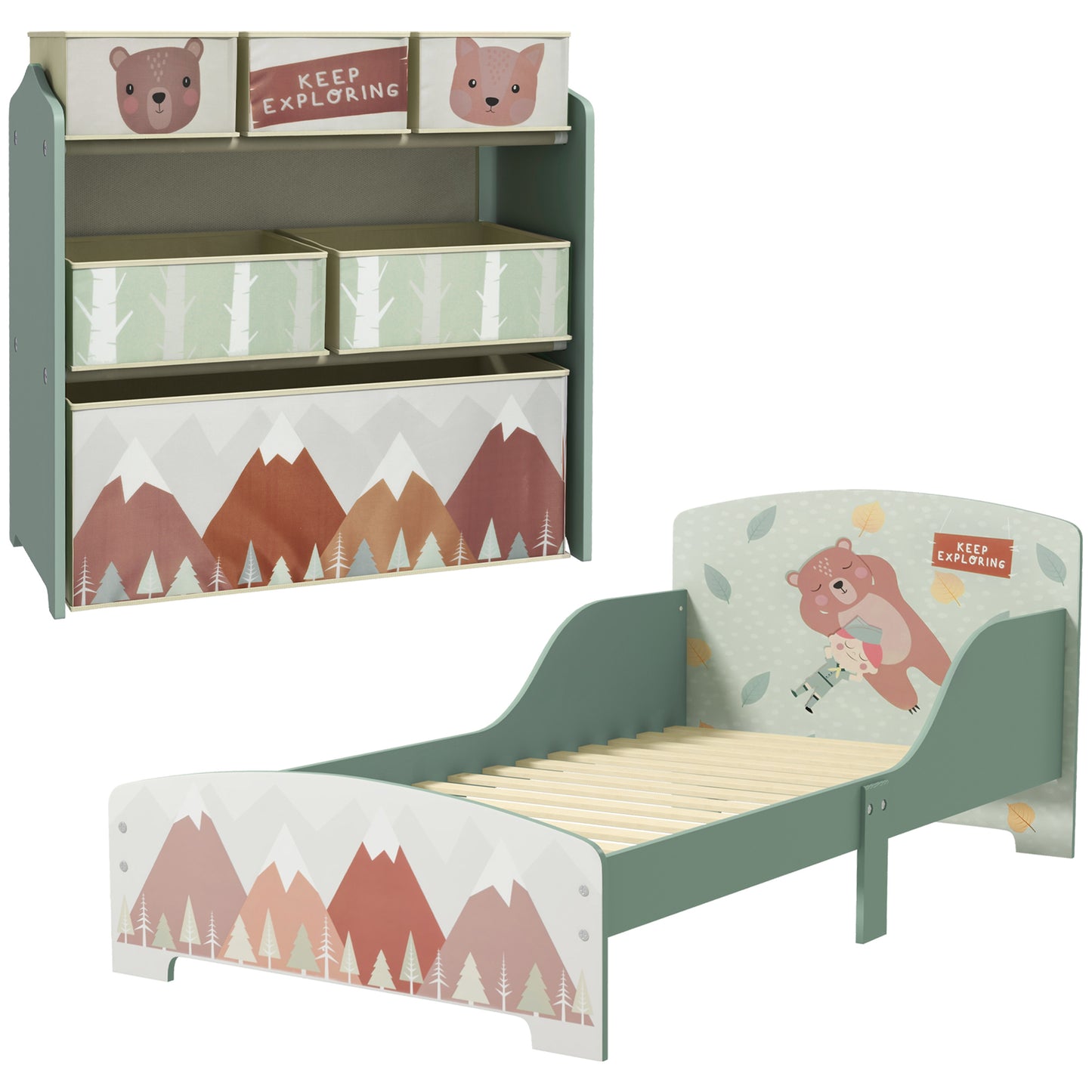 Toddler Bed Frame, Kids Storage Shelf Unit with 6 Fabric Bins
