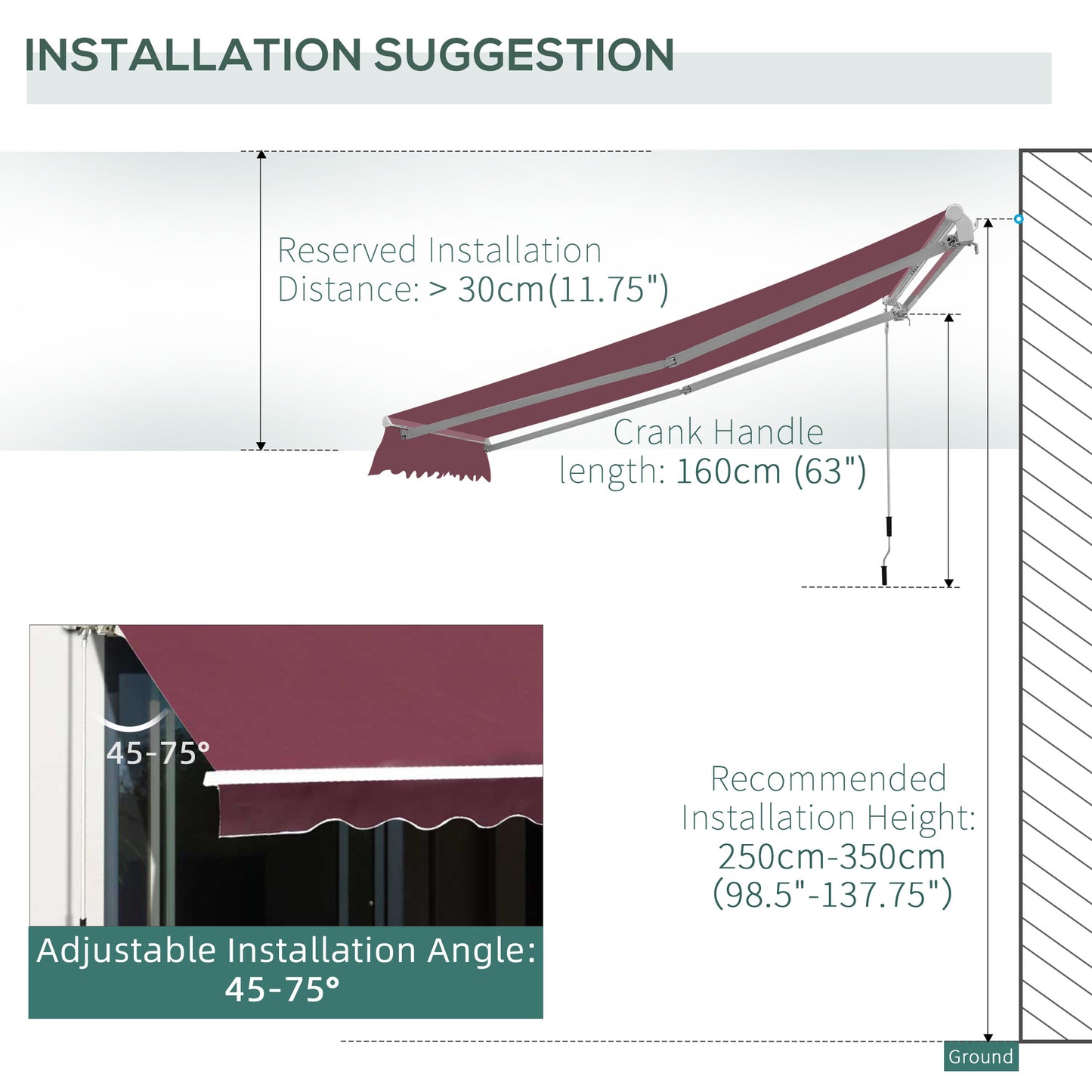 3 x 2.5m Manual Retractable Awning for Patio 45-75° Sun Canopy