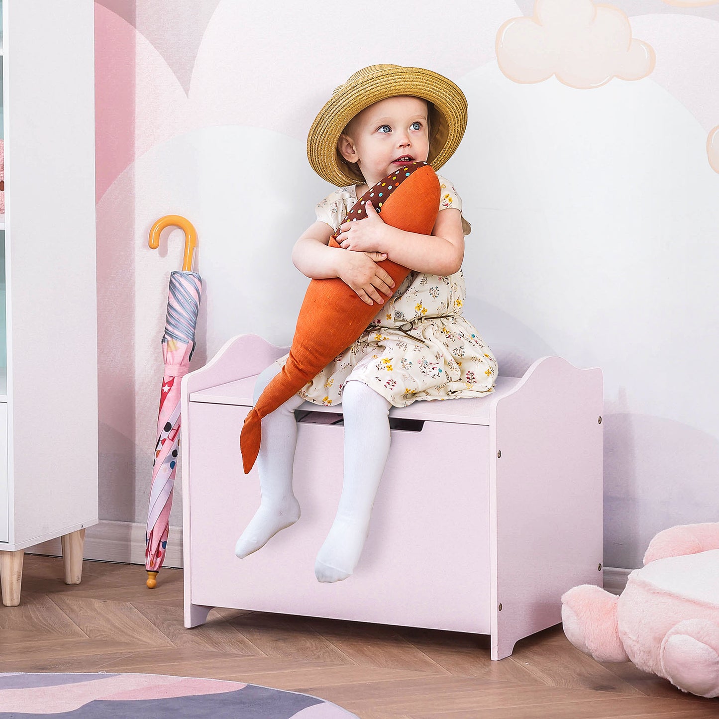 Wooden Kids Toy Box Children Storage Organizer Chest Safety Hinge