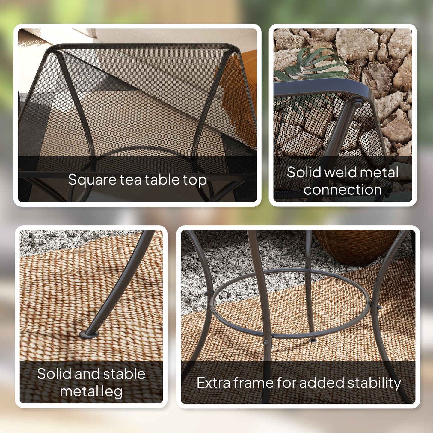60cm Square Garden Table, Outdoor Metal Bistro Side Desk with Mesh Top