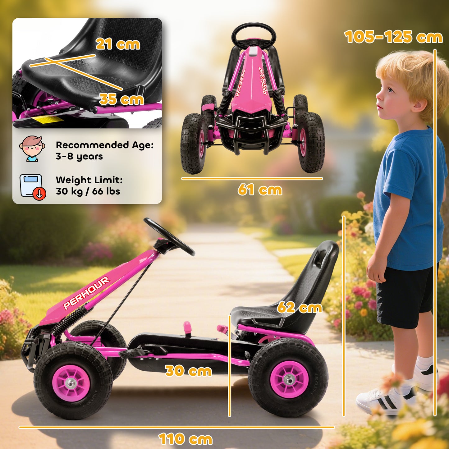 Kids Pedal Go Kart with Adjustable Seat, EVA Tyres, Manual Clutch