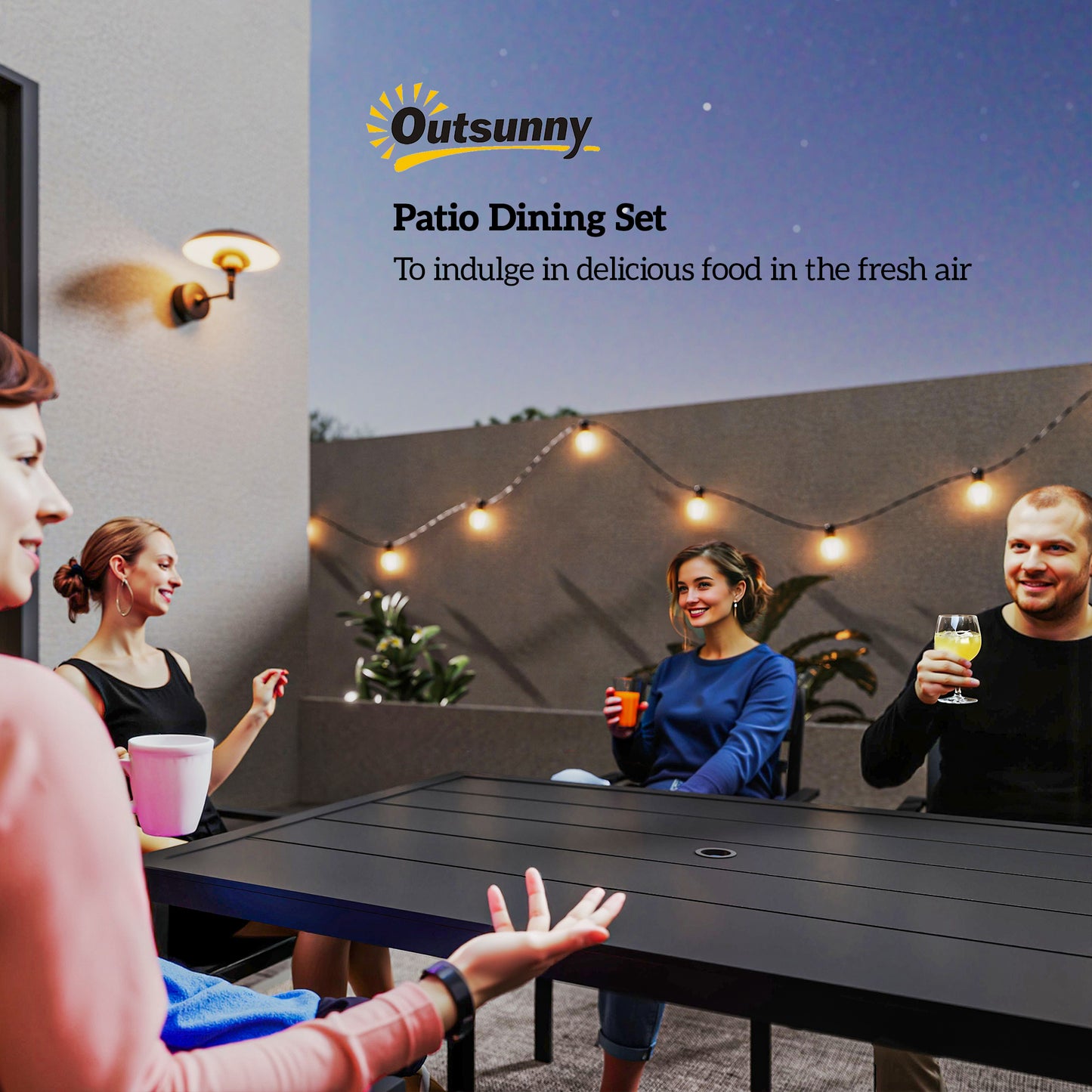 Seven-Piece Minimal Metal Garden Dining Set, with Parasol Hole