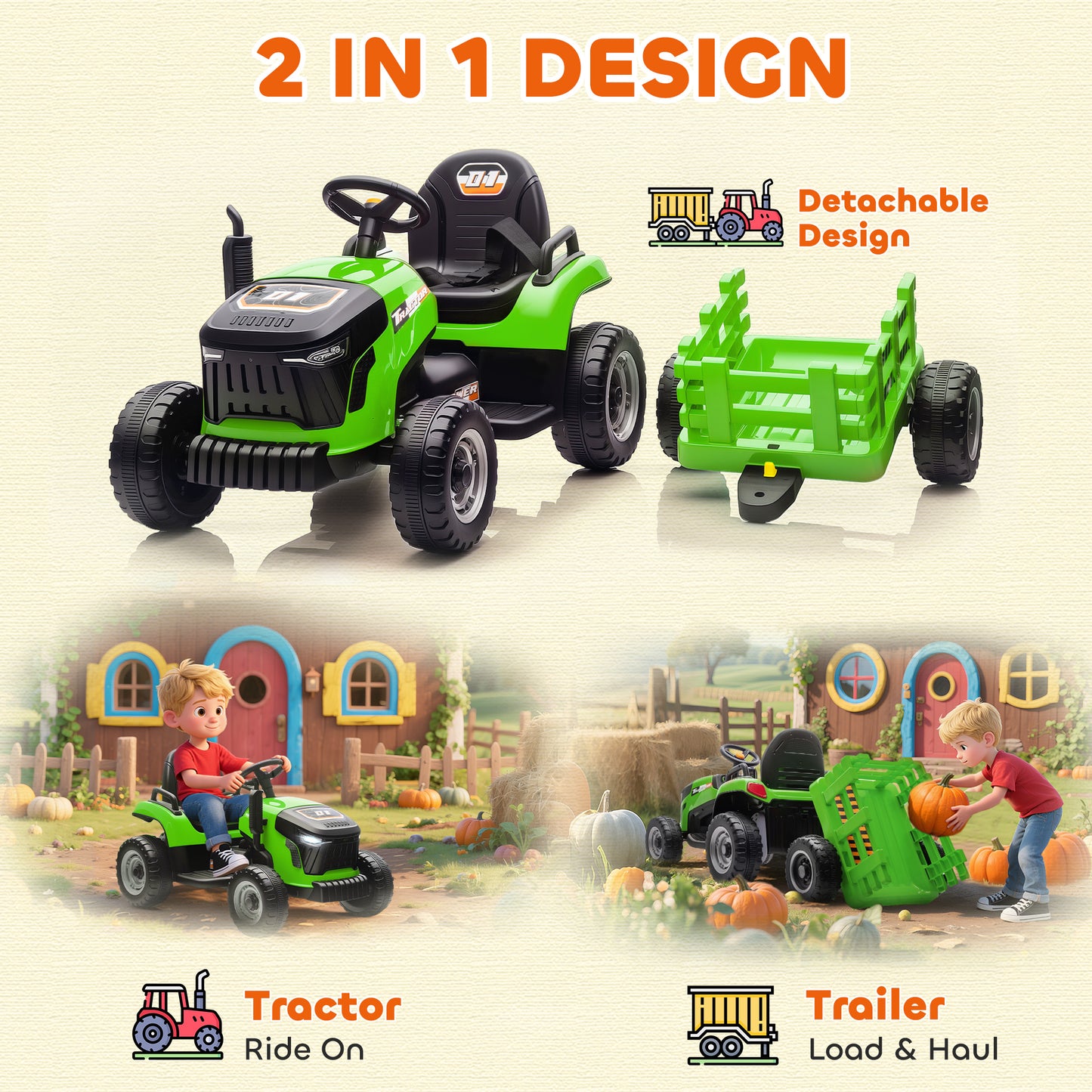 12V Ride on Tractor and Trailer with Remote Control, Music, Shifter