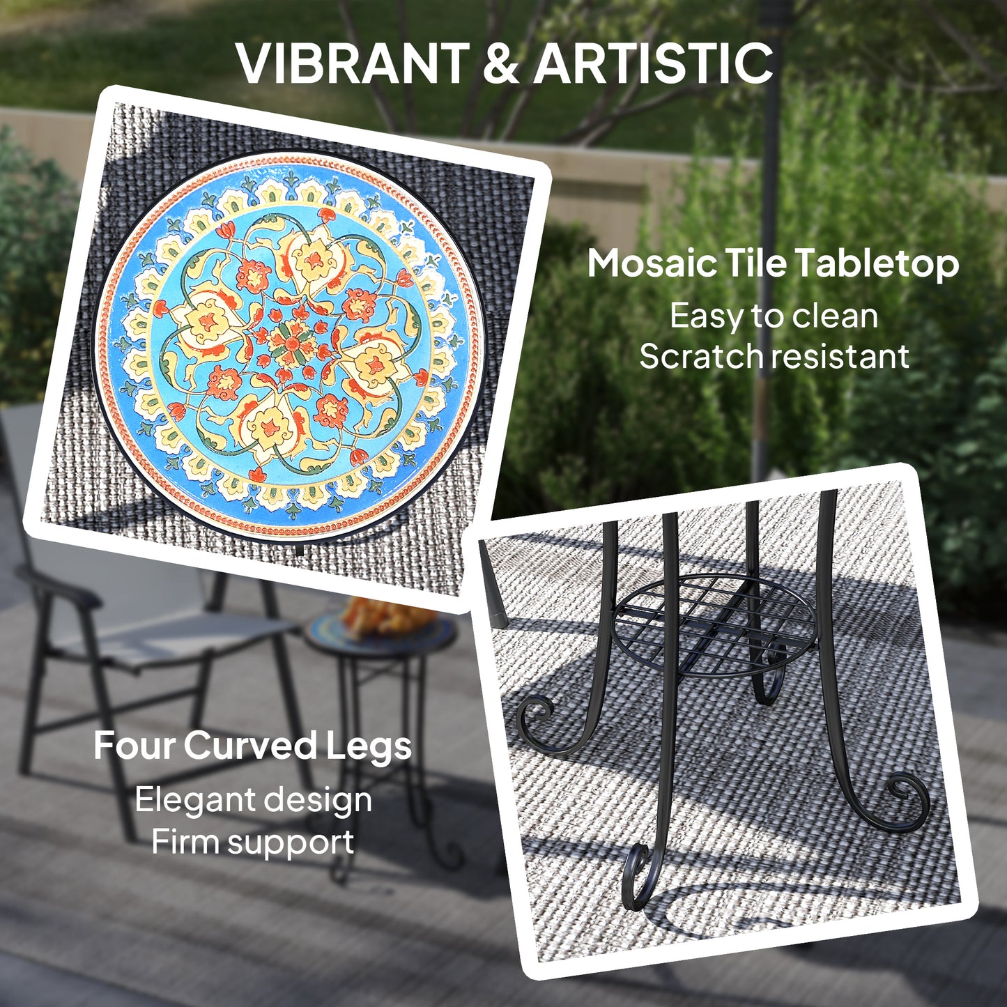 Mosaic Garden Table, 35.5 cm Round Outdoor Table with Shelf