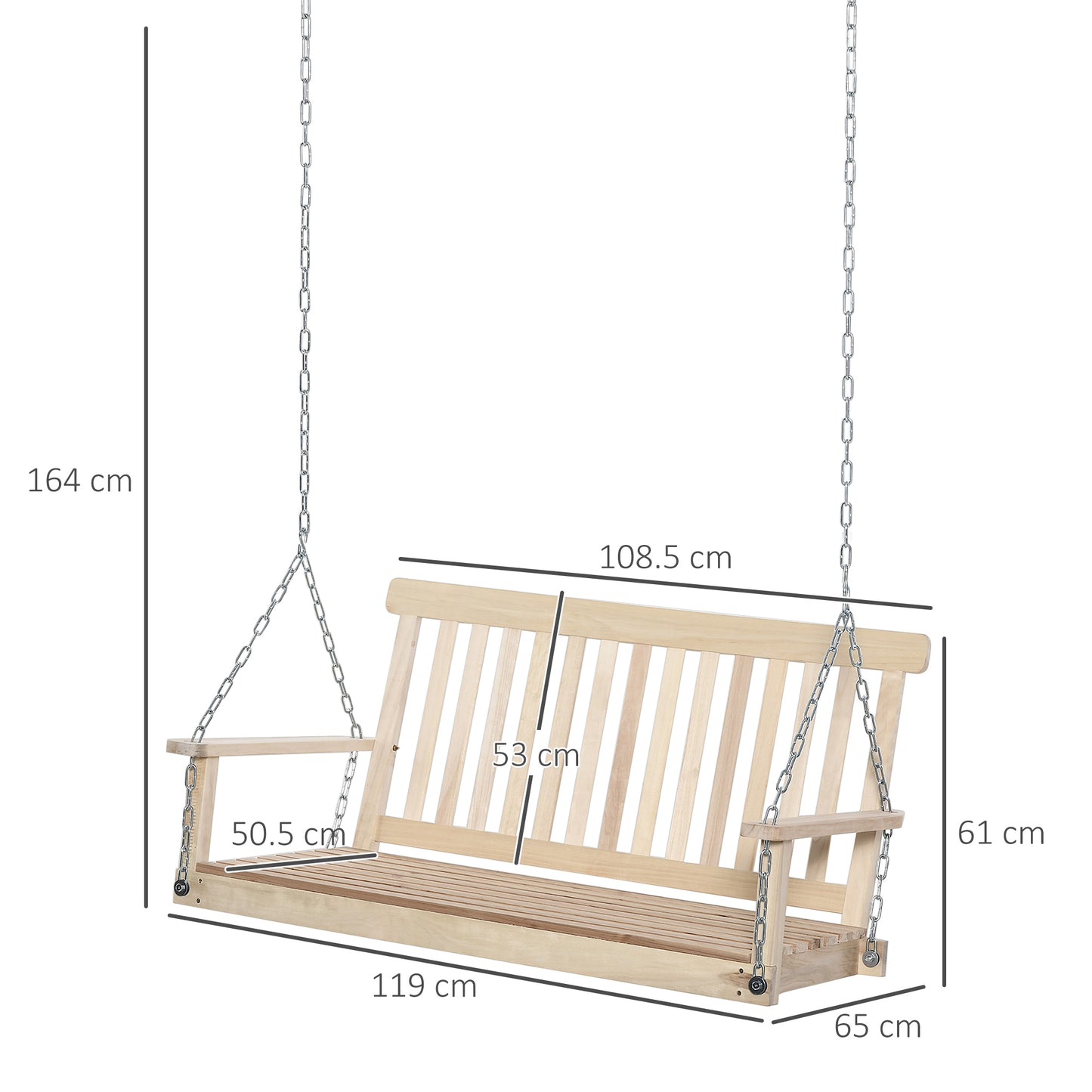 Outdoor Wooden Swing Bench 2-Seater Porch Swing Chair Hanging