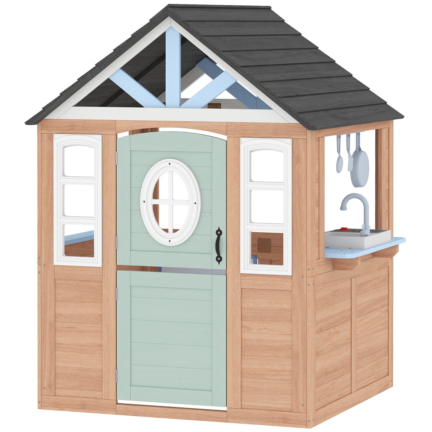 Wooden Playhouse for Kids, Wendy House with Pet Door, Play Kitchen