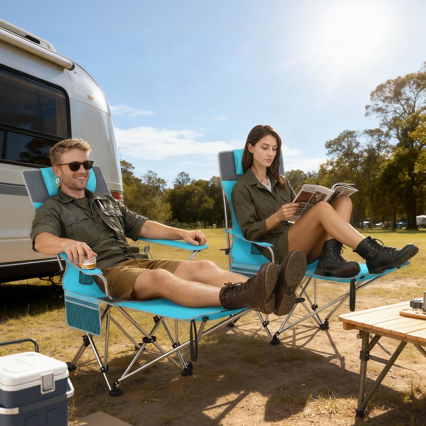 Set of 2 Reclining Folding Camping Chair w/ Detachable Footrest (3)
