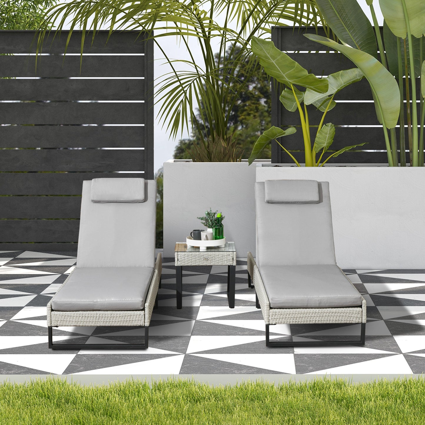 3-piece PE Rattan Sun Lounger Set