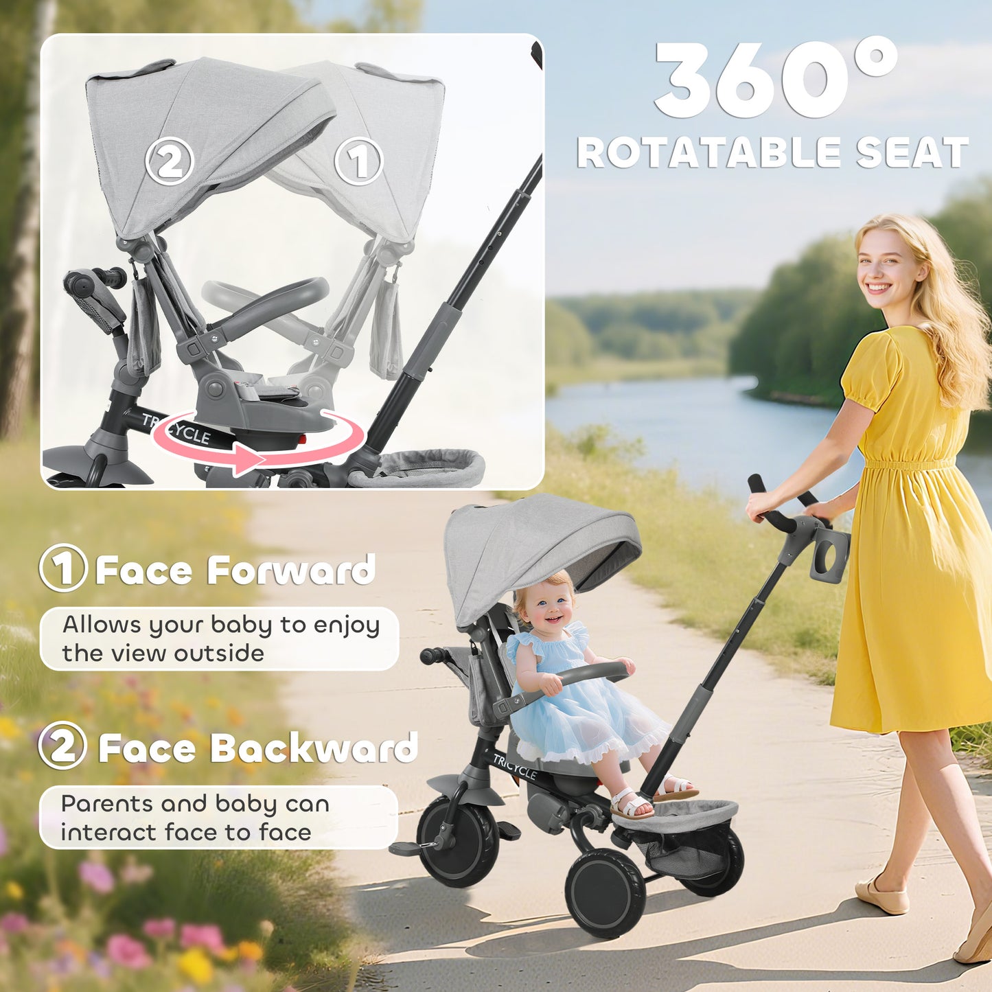 6 in 1 Foldable Kids Trike with Adjustable Parent Handle & Canopy