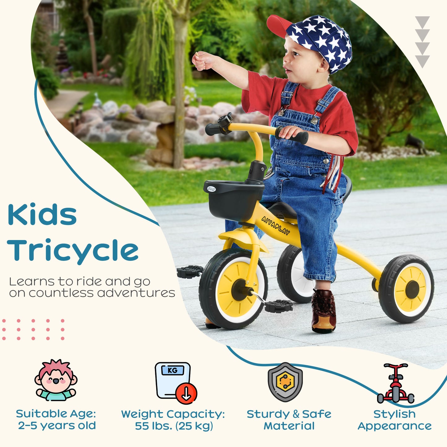 Kids Trike, Tricycle, with Adjustable Seat, Basket, Bell