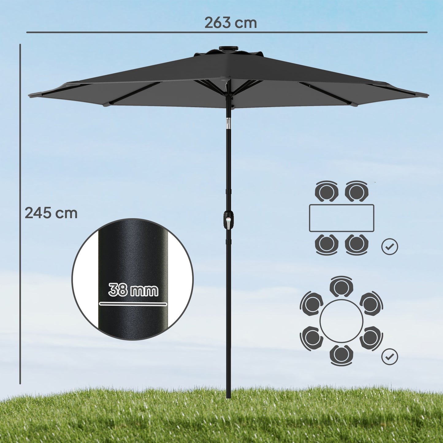 2.6 m Garden Parasol Umbrella with LED Solar Light, Parasol Cover