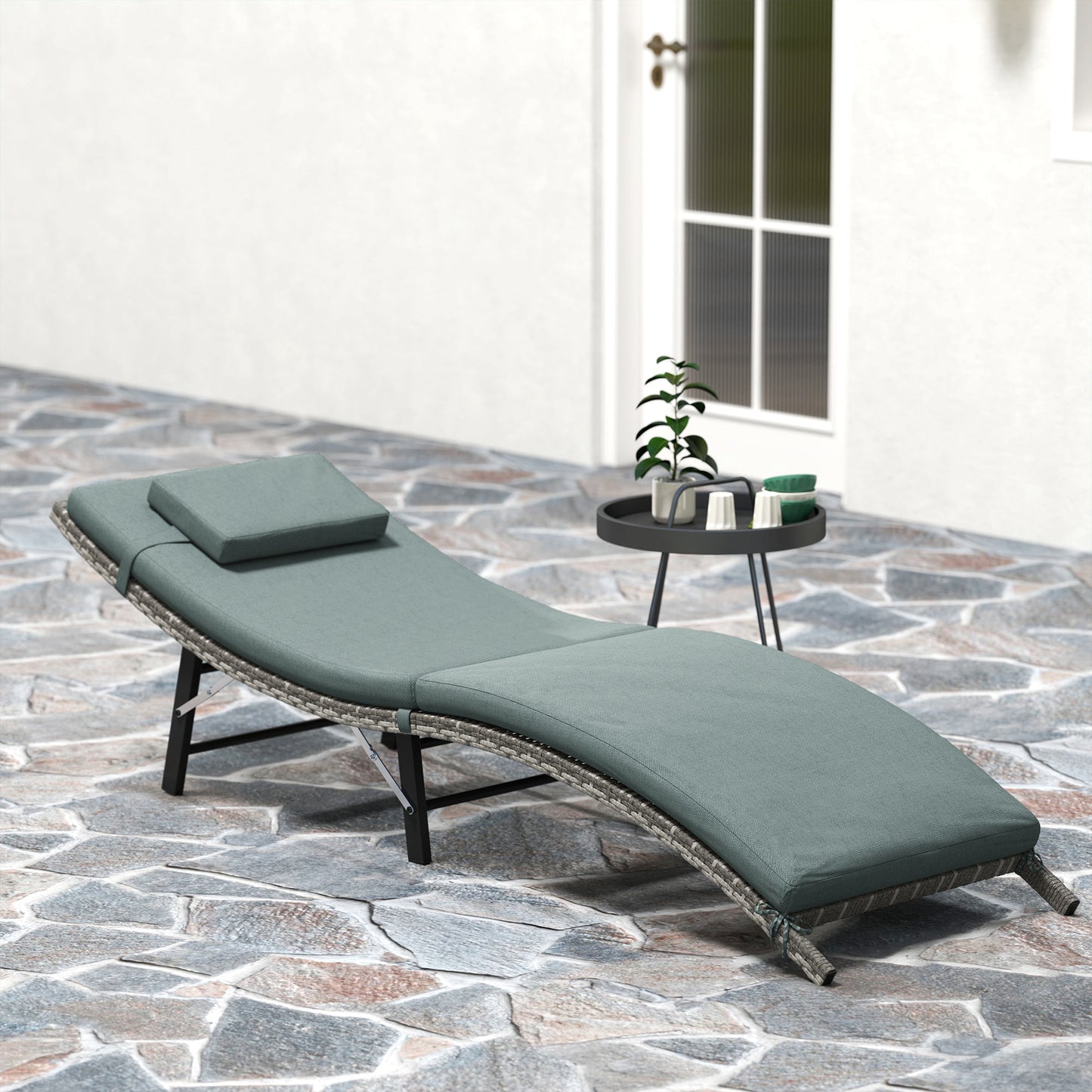 Rattan Folding Sun Lounger Outdoor Chair with Cushion and Pillow