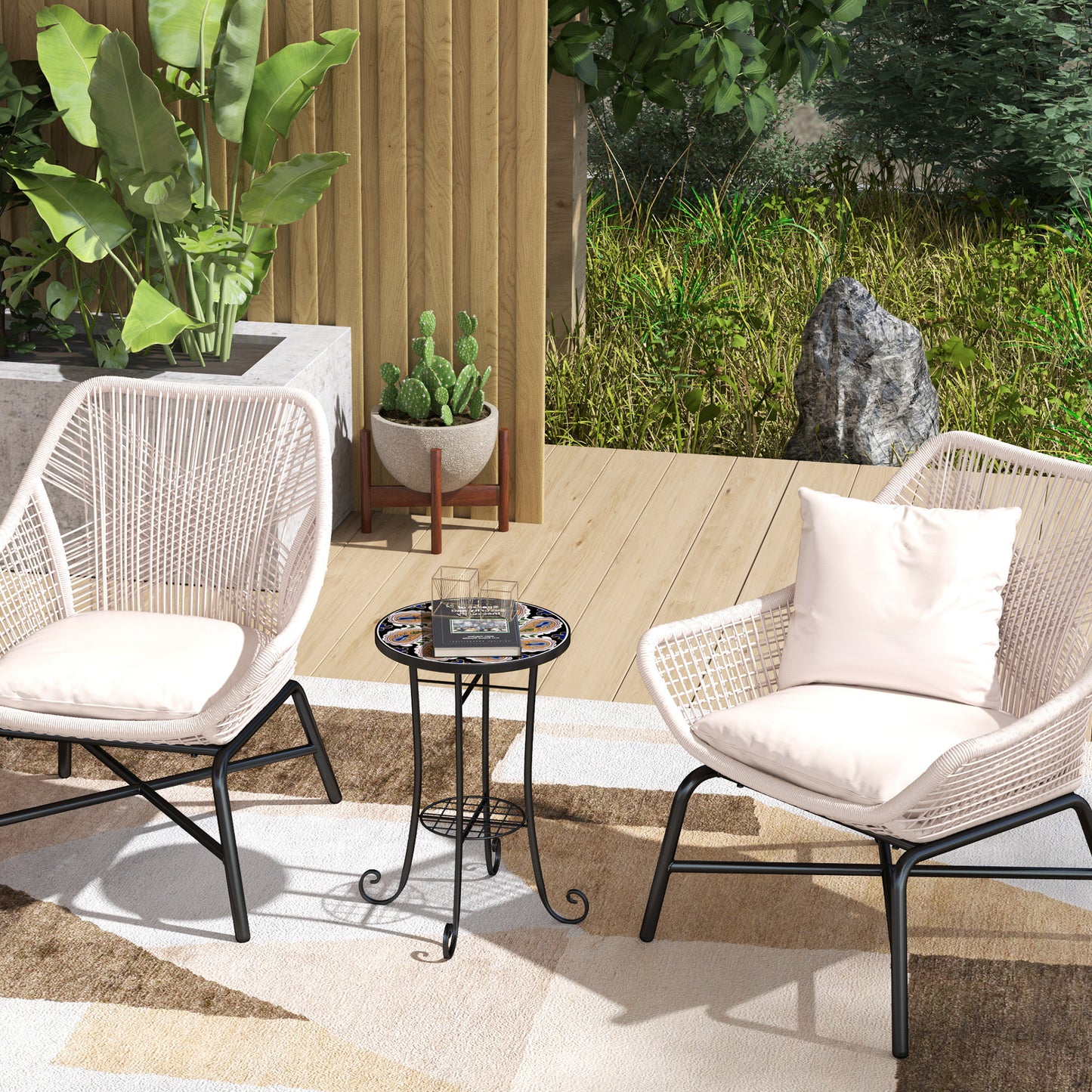 Mosaic Garden Table, 35.5 cm Round Outdoor Table with Shelf