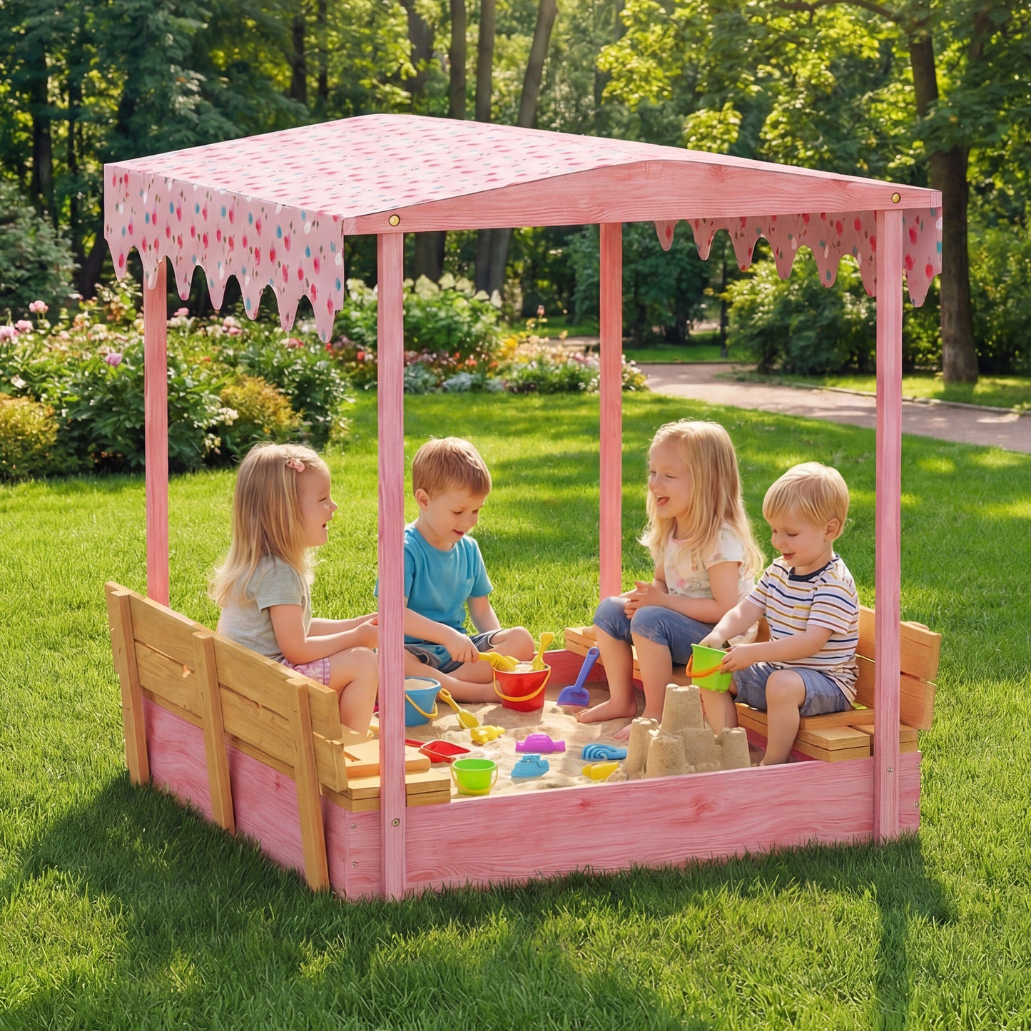 Wooden Sandbox with Lid, Flamingos Print Canopy