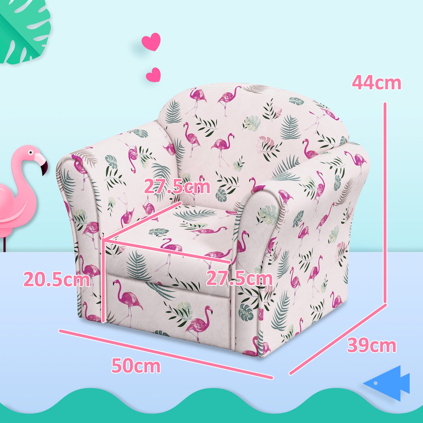 Kids Armchair with Flamingo Design, Wooden Frame, for Bedroom