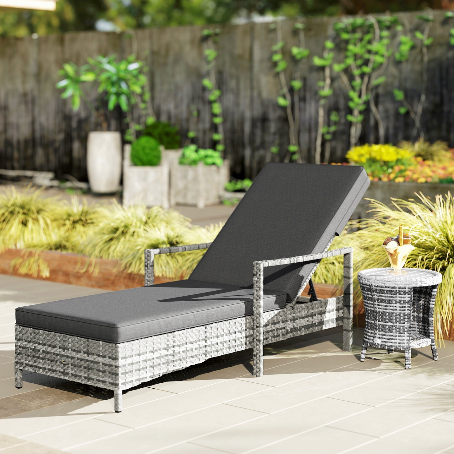 Patio Rattan Sun Lounger, Dual Wicker Weave Outdoor Single