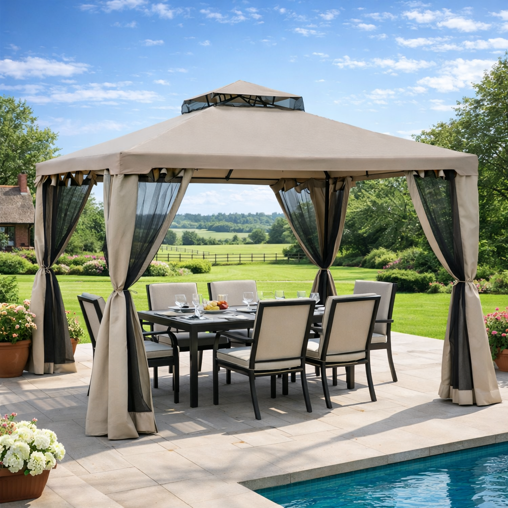 Outdoor Gazebo, 2-tier Roof with Netting, 295L x 295W x 263Hcm-Taupe