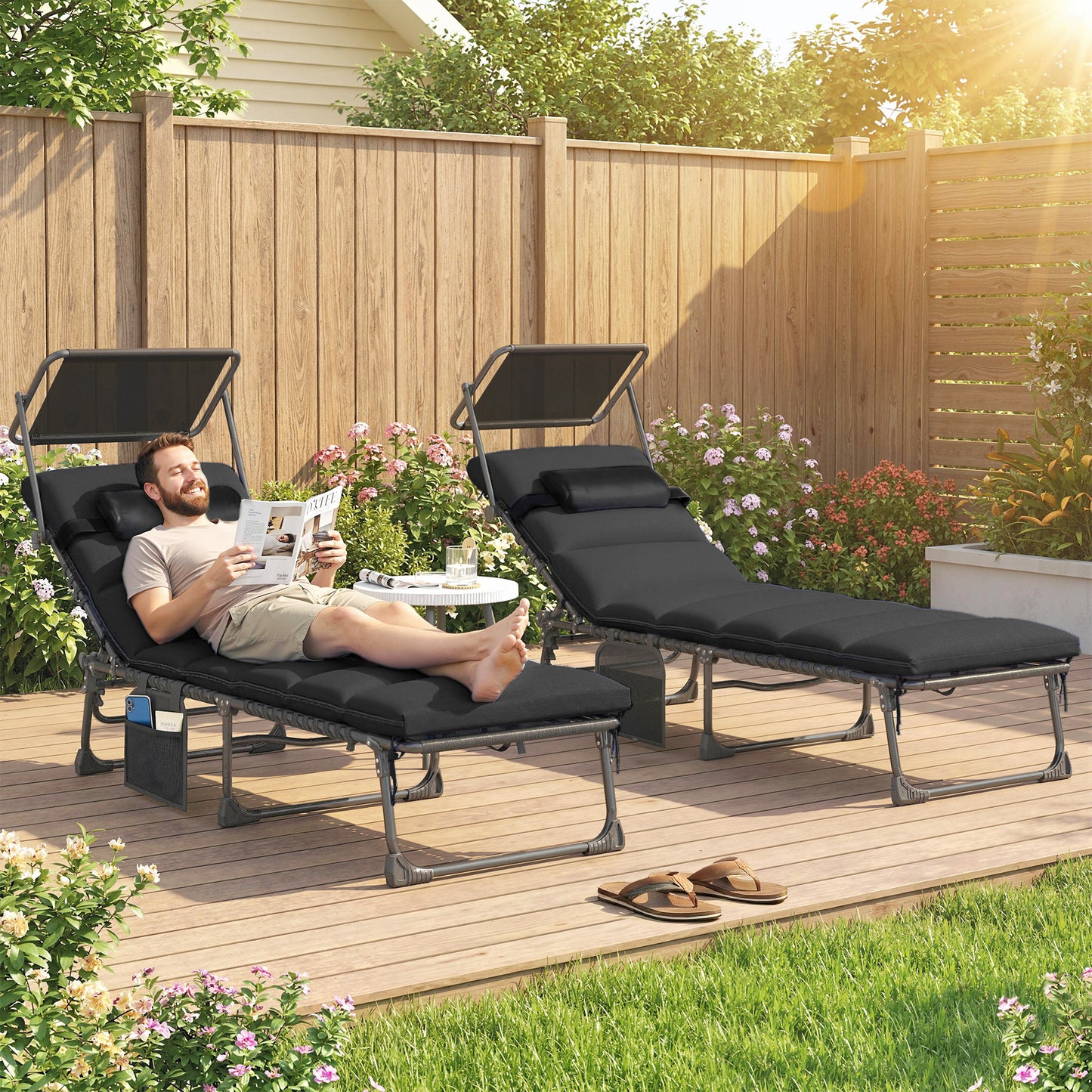 Folding Sun Loungers Set of 2 with Canopy