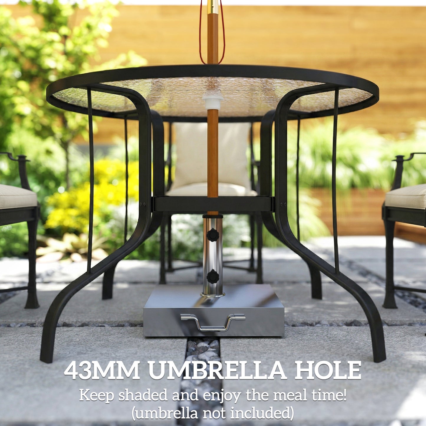 Tempered Glass Top Round Outdoor Dining Table with Parasol Hole