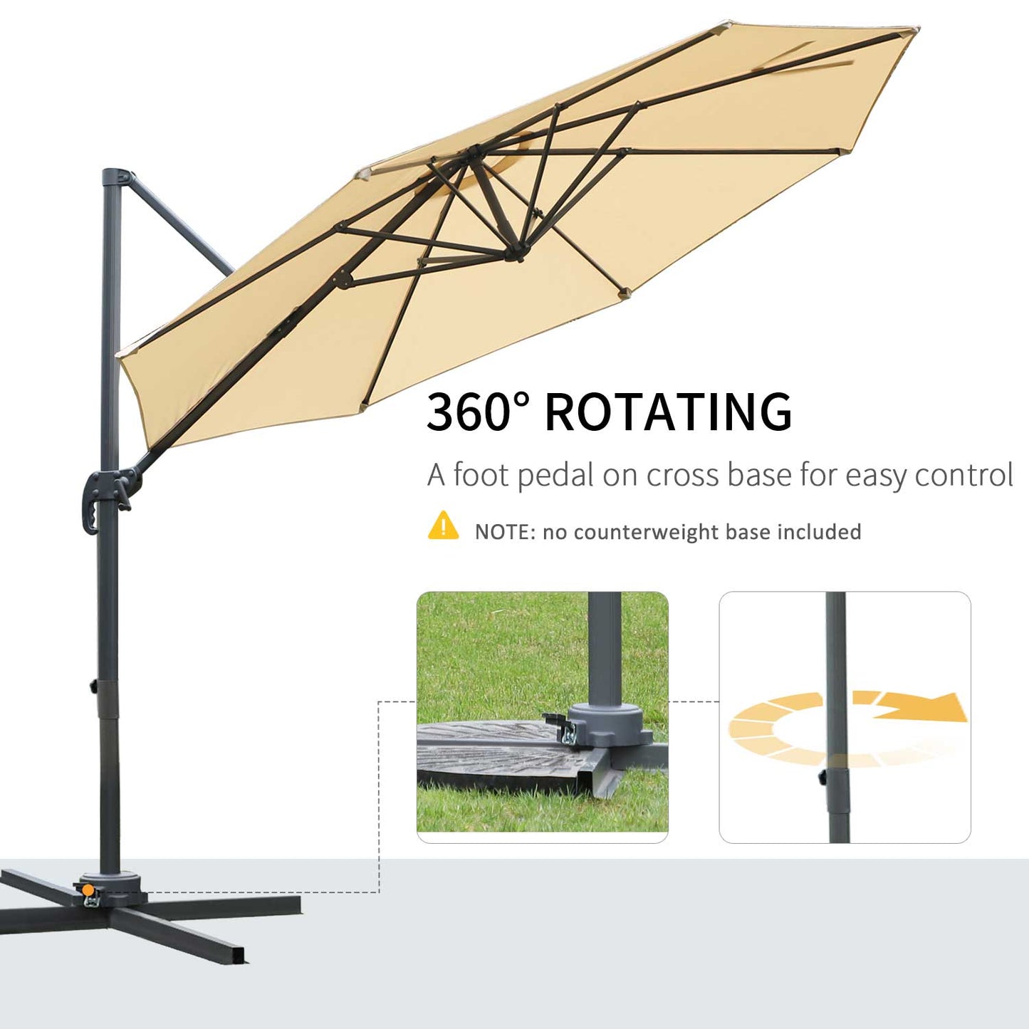 Round Umbrella Parasol W/ Tilt 360° Rotation and Hand Crank Cross Base