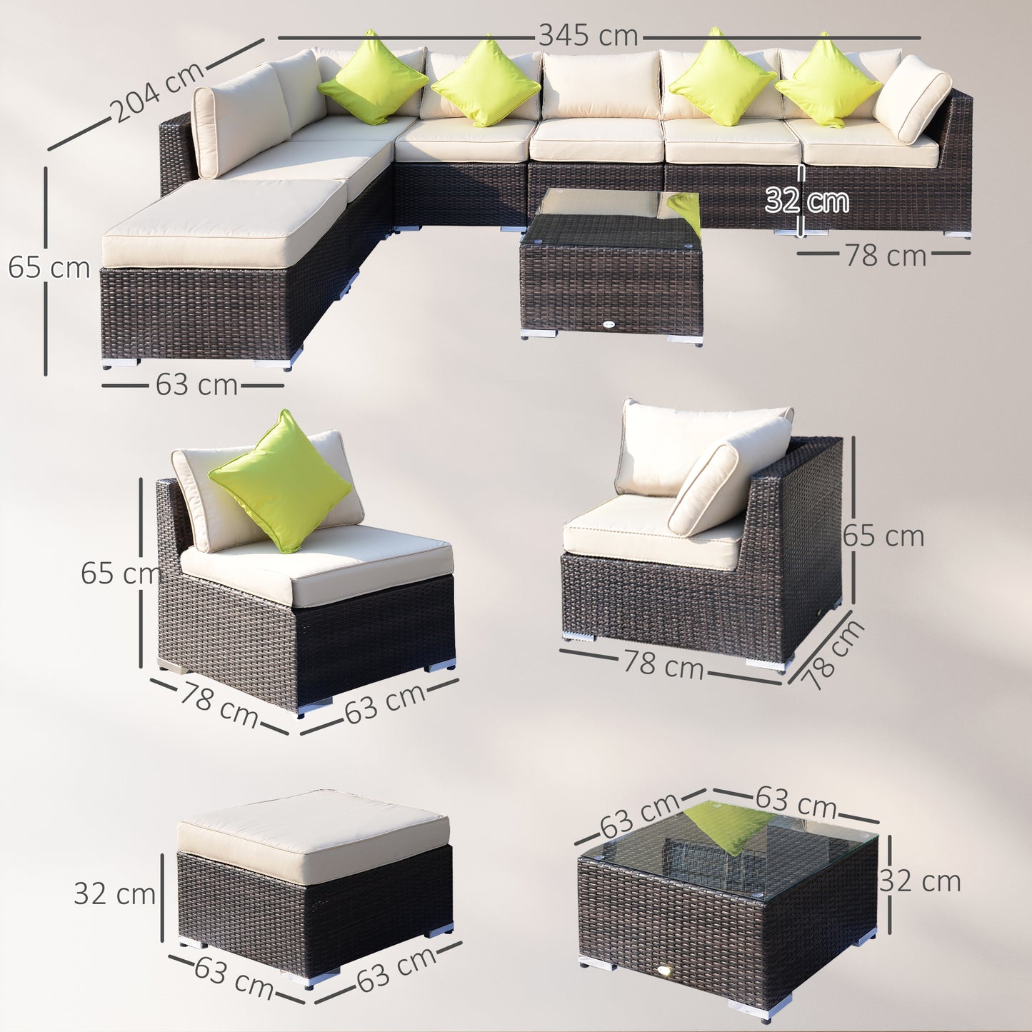 8 Piece Rattan Corner Sofa Set with Wide & Deep Seat