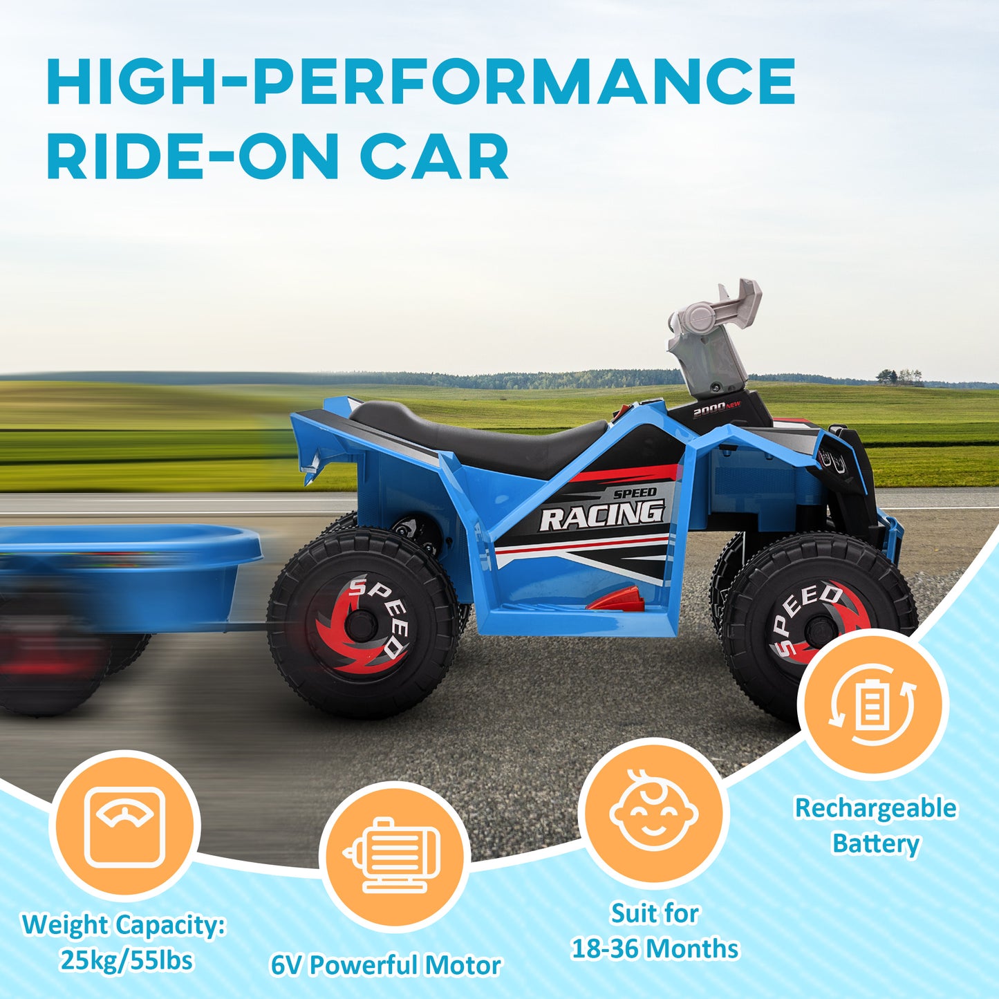 6V Quad Bike with Back Trailer, Wear-Resistant Wheels