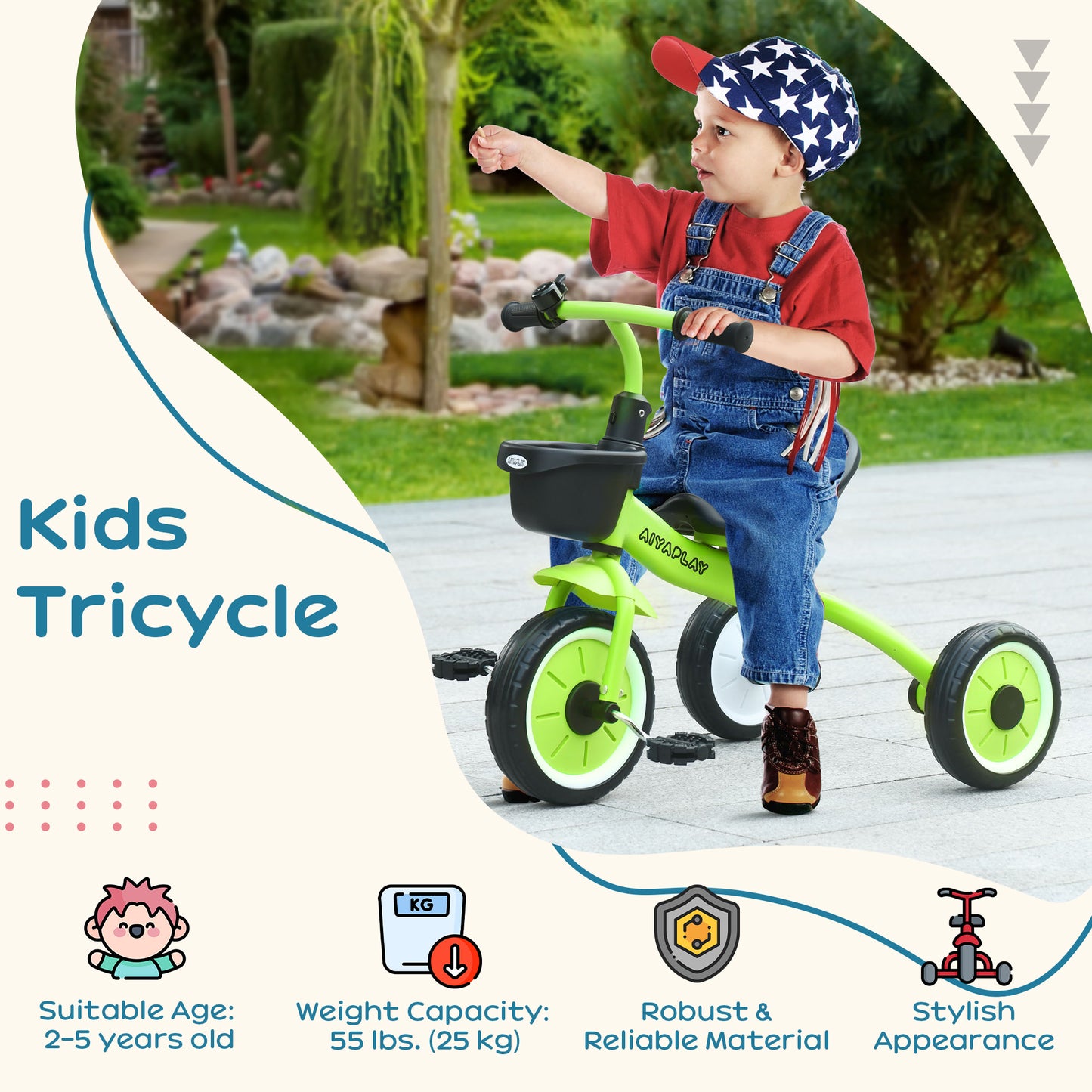Kids Trike, Tricycle, with Adjustable Seat, Basket, Bell