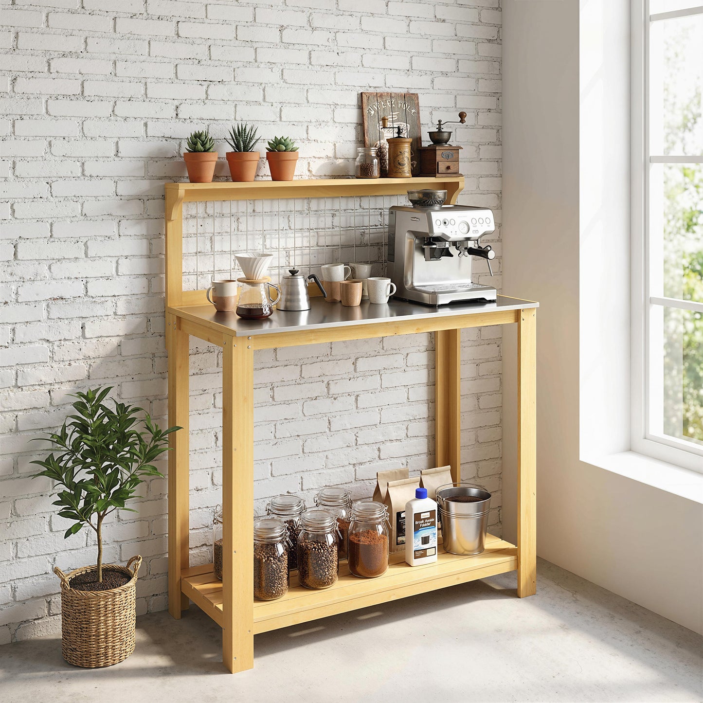 Wooden Potting Bench Table with Aluminium Worktop (1)