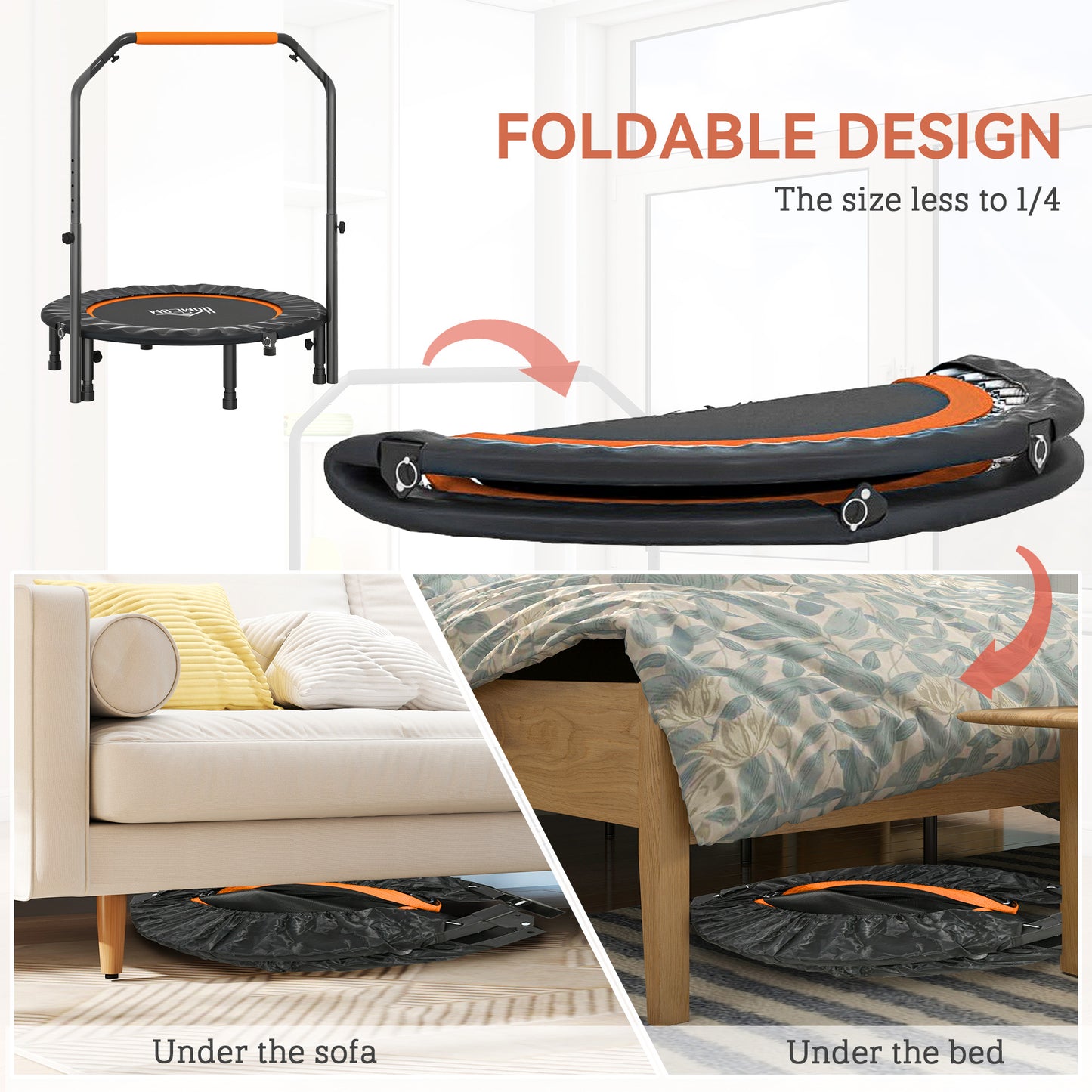 40" Foldable Mini Fitness Trampoline, with Adjustable Foam Handle