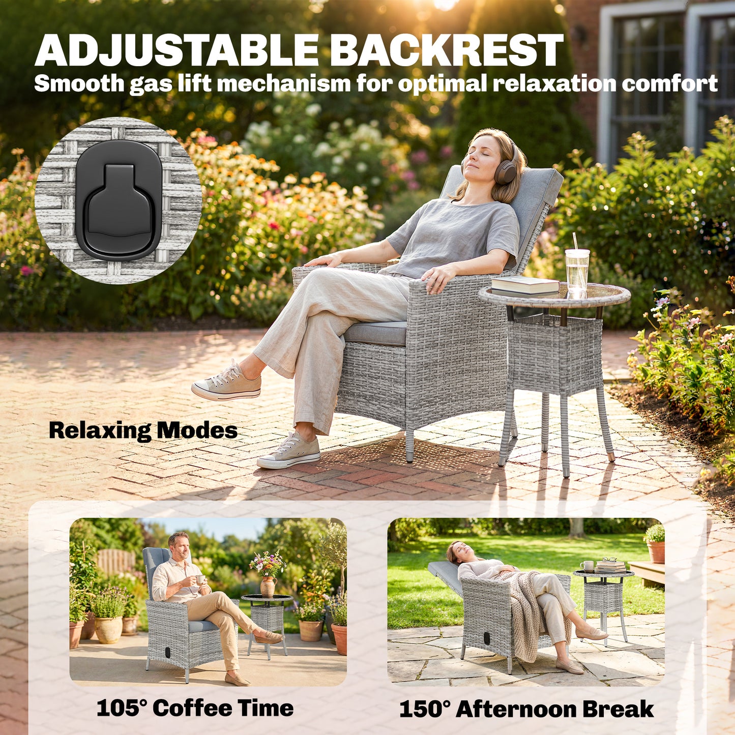 Rattan Bistro Set, Reclining Garden Chairs and Glass Coffee Table