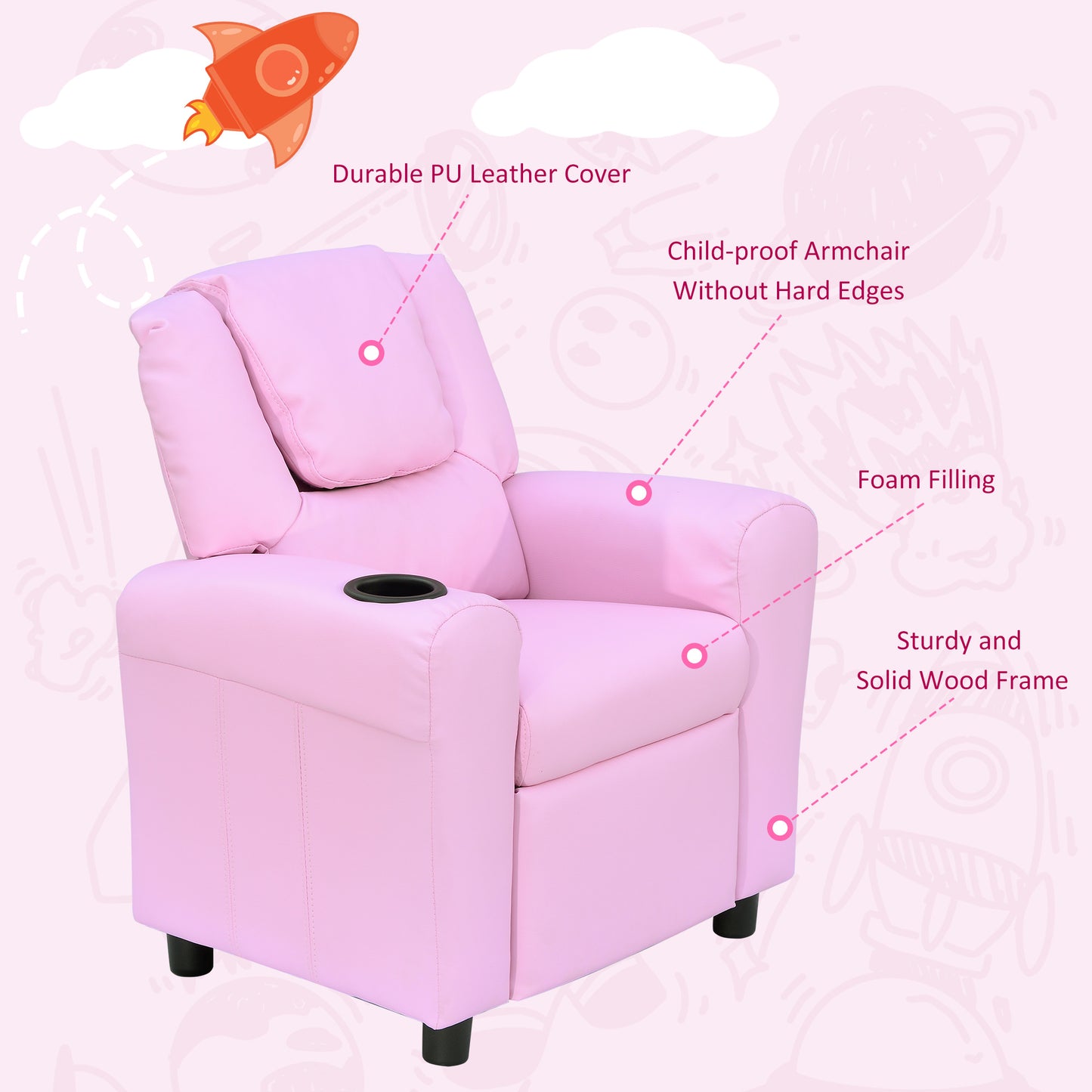 Kids Recliner Chair, PU Leather with Adjustable Backrest, Footrest