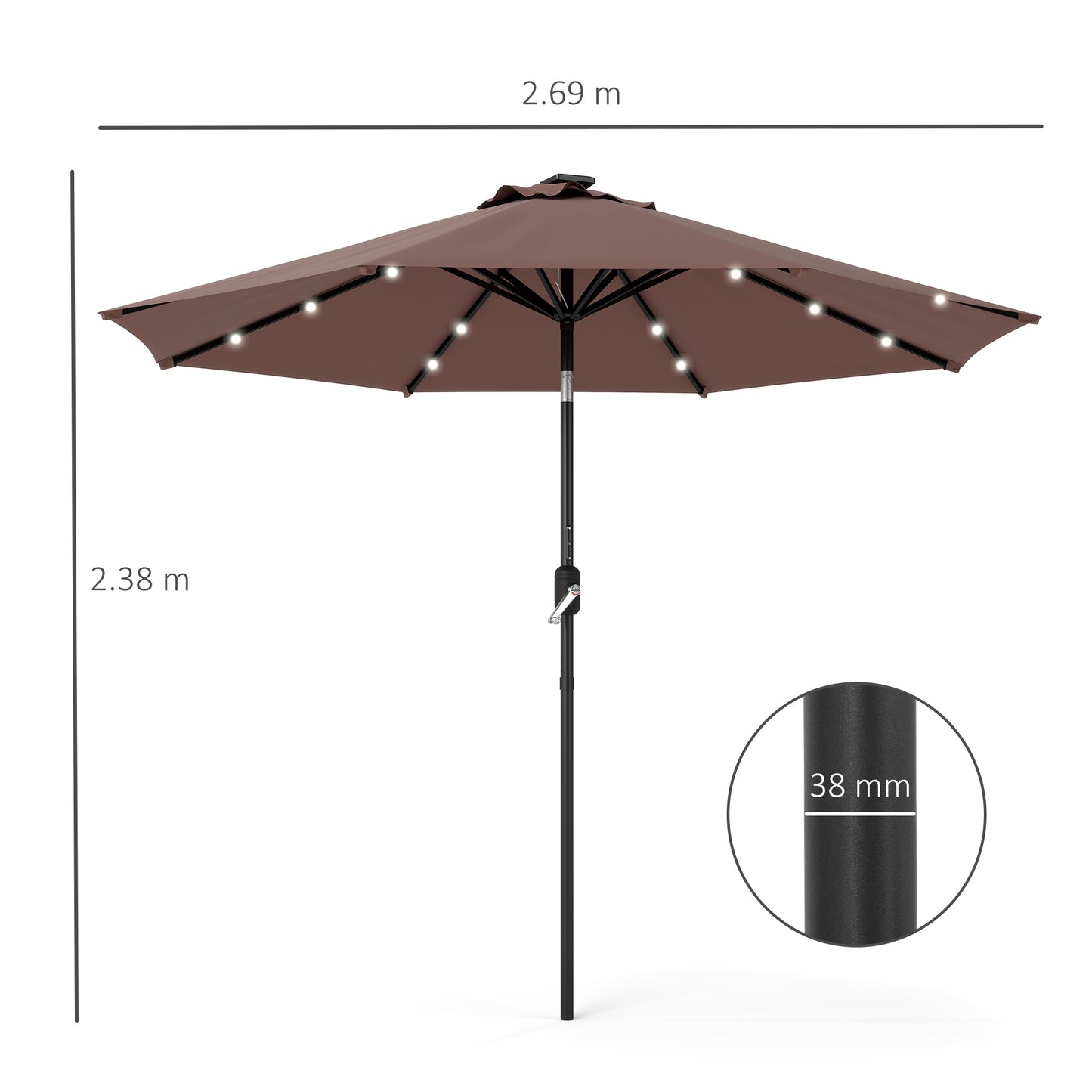 Φ2.7m Garden 24 LED Light Parasol Solar Outdoor Tilt Sun Umbrella