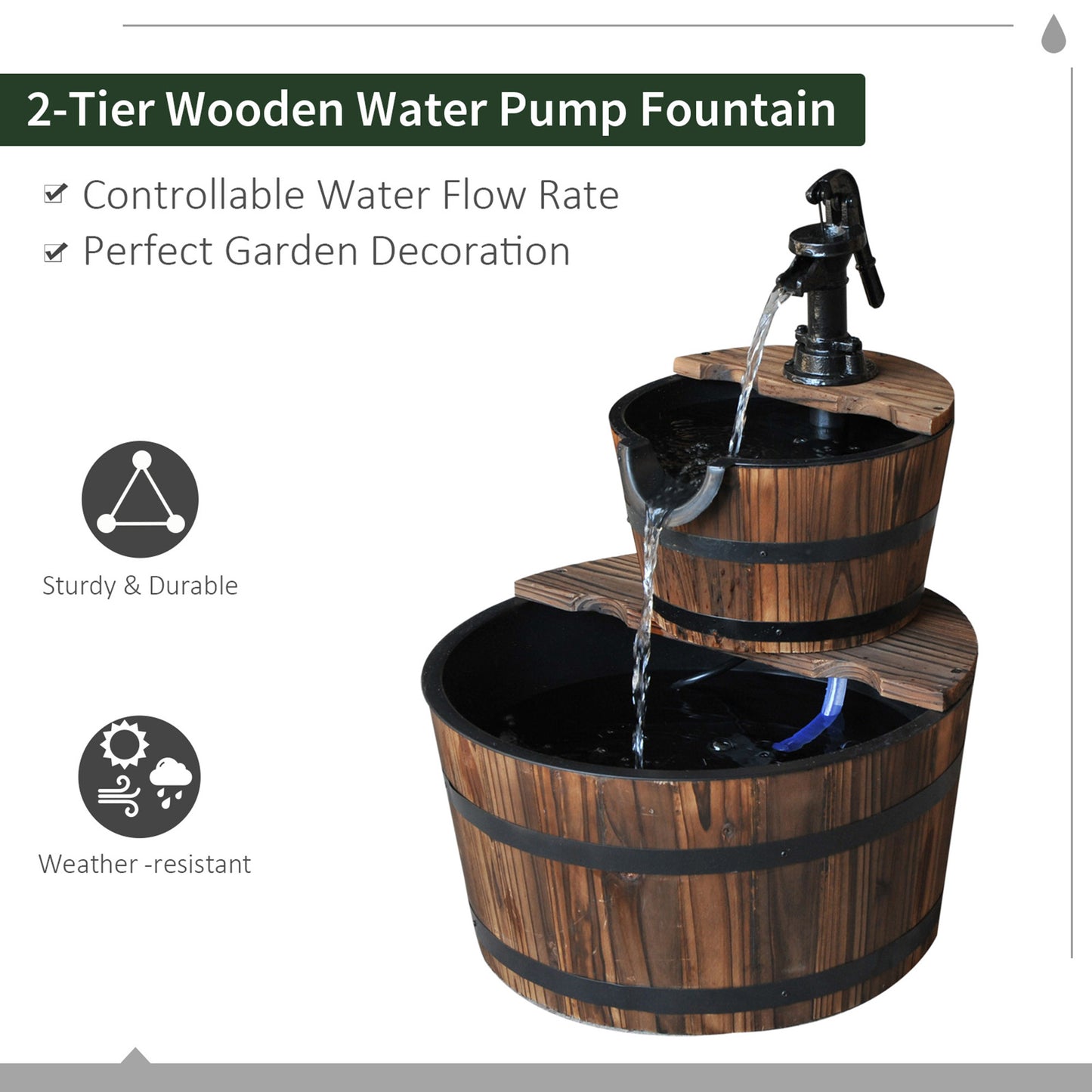 Wooden Water Pump Fountain, 2 Tier