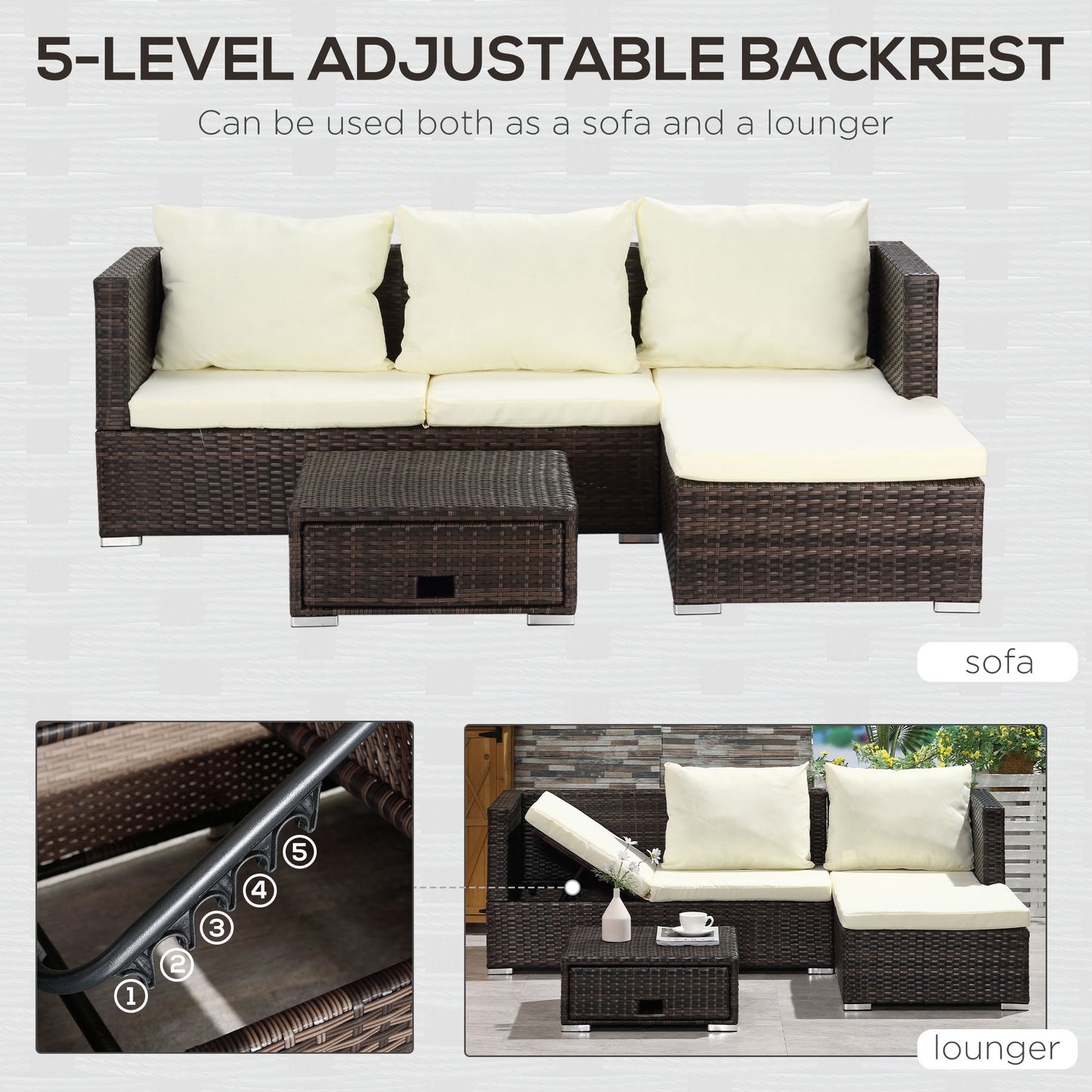 3 Pieces Rattan Garden Furniture Sofa Set
