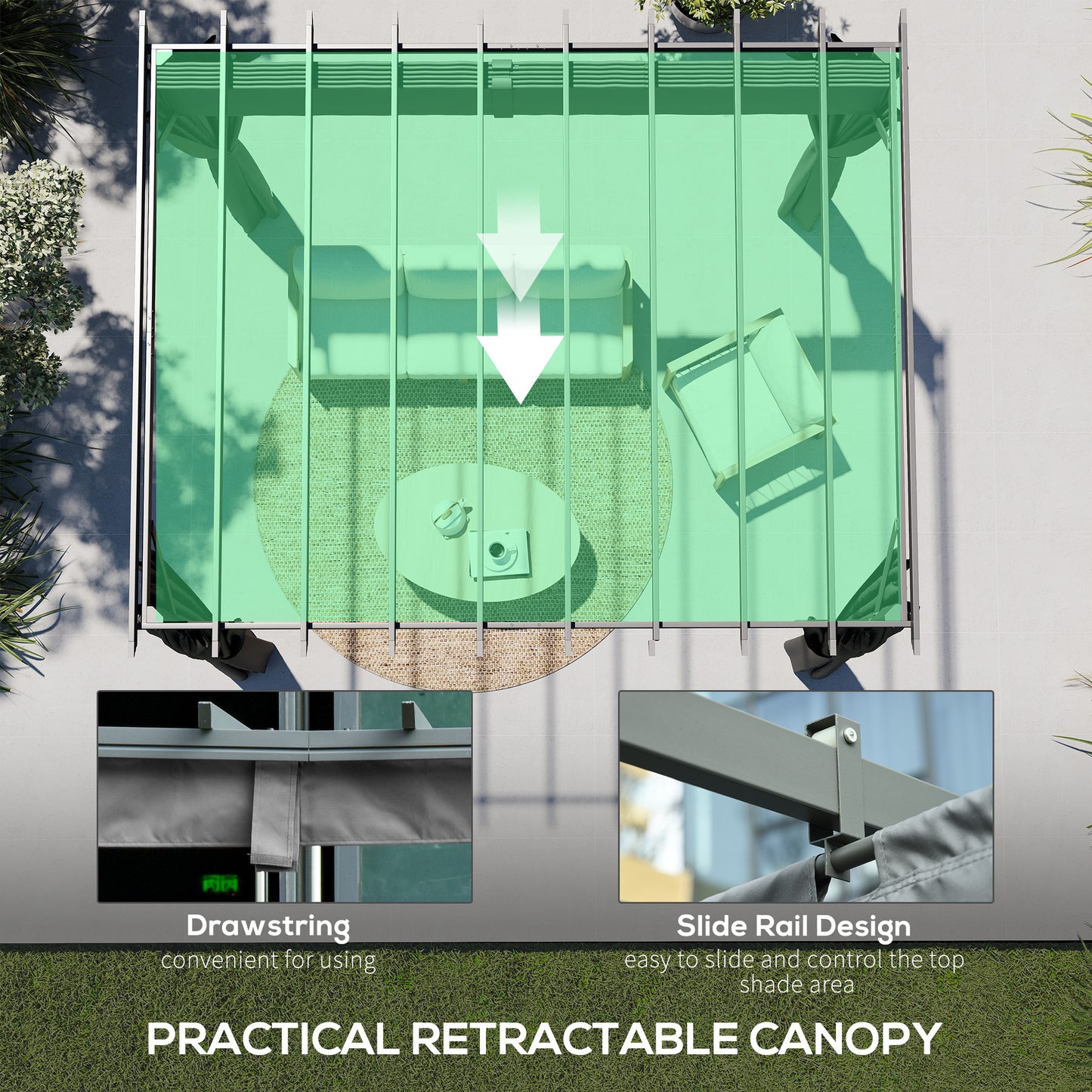 3.6 x 3 m Pergola with Retractable Roof Canopy, Curtains