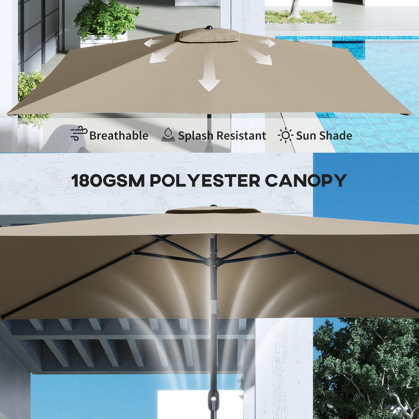 Garden Parasol, Parasol Umbrella with Crank Handle, Tilt Function