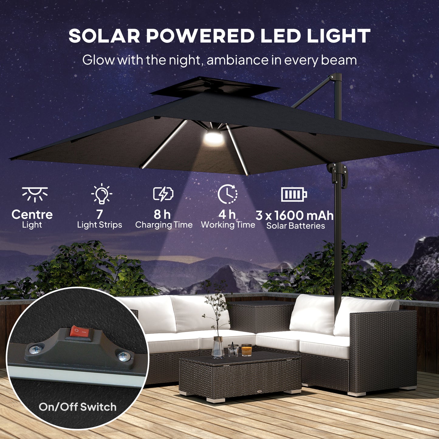 2.5m Cantilever Parasol with Solar Powered LED Lights, 360° Rotation