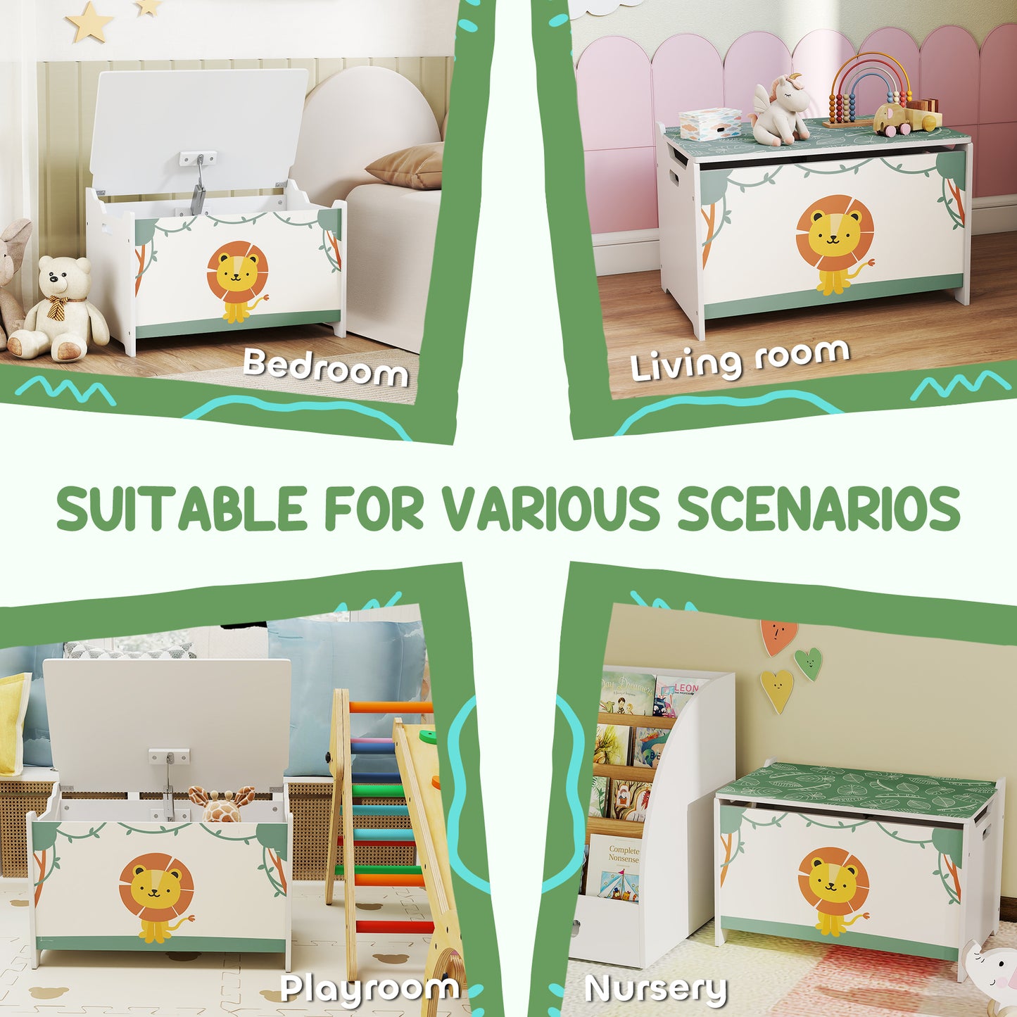 Toy Box with Lid, Safety Hinges and Groove Handles