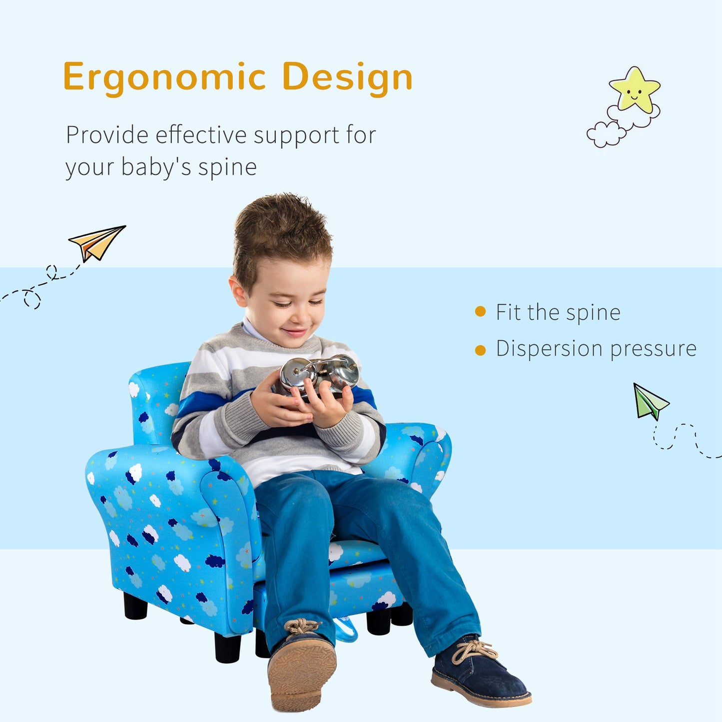 Toddler Chair Children's Armchairs Wood Frame w/ Footrest Anti-Slip
