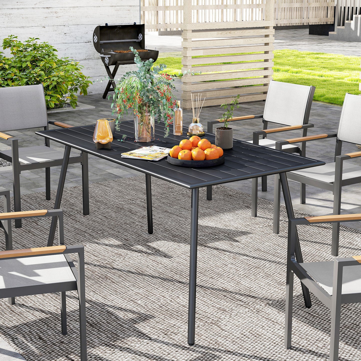 Rectangle Garden Table with Slat Top, Steel Frame