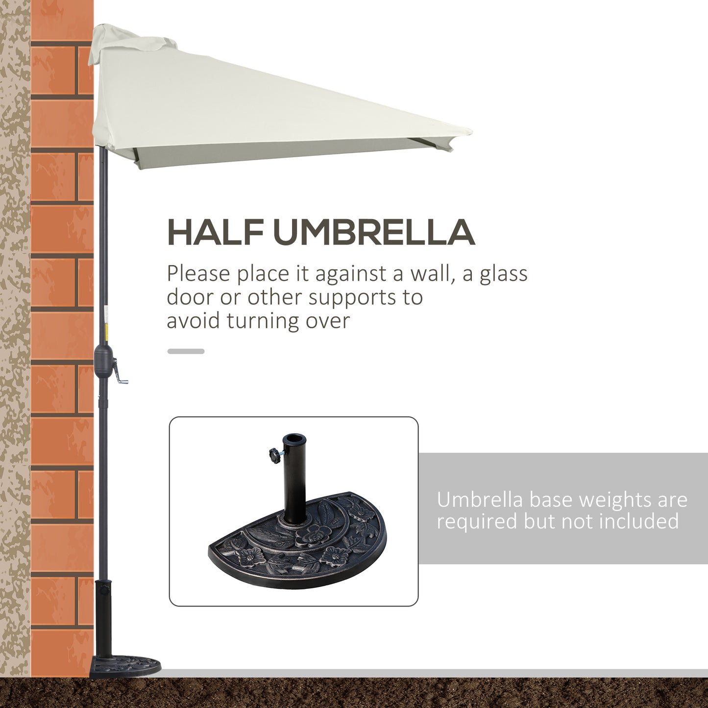 Balcony Half Parasol Semi Round Umbrella Patio Crank Handle (2.3 m