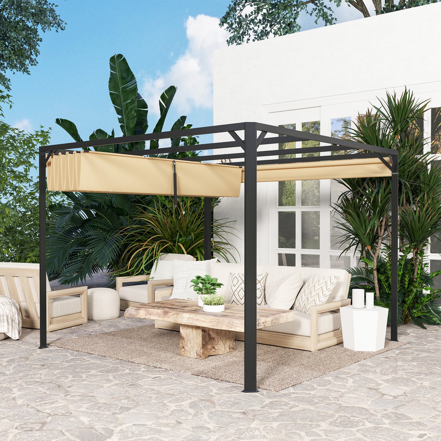 3 x 3m Aluminium Pergola, with Retractable Roof and Wall