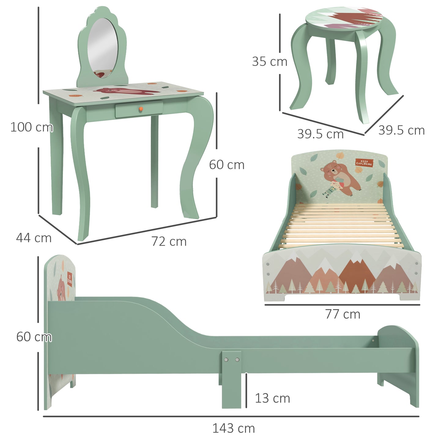 Toddler Bed Frame, Kids Dressing Table with Mirror and Stool