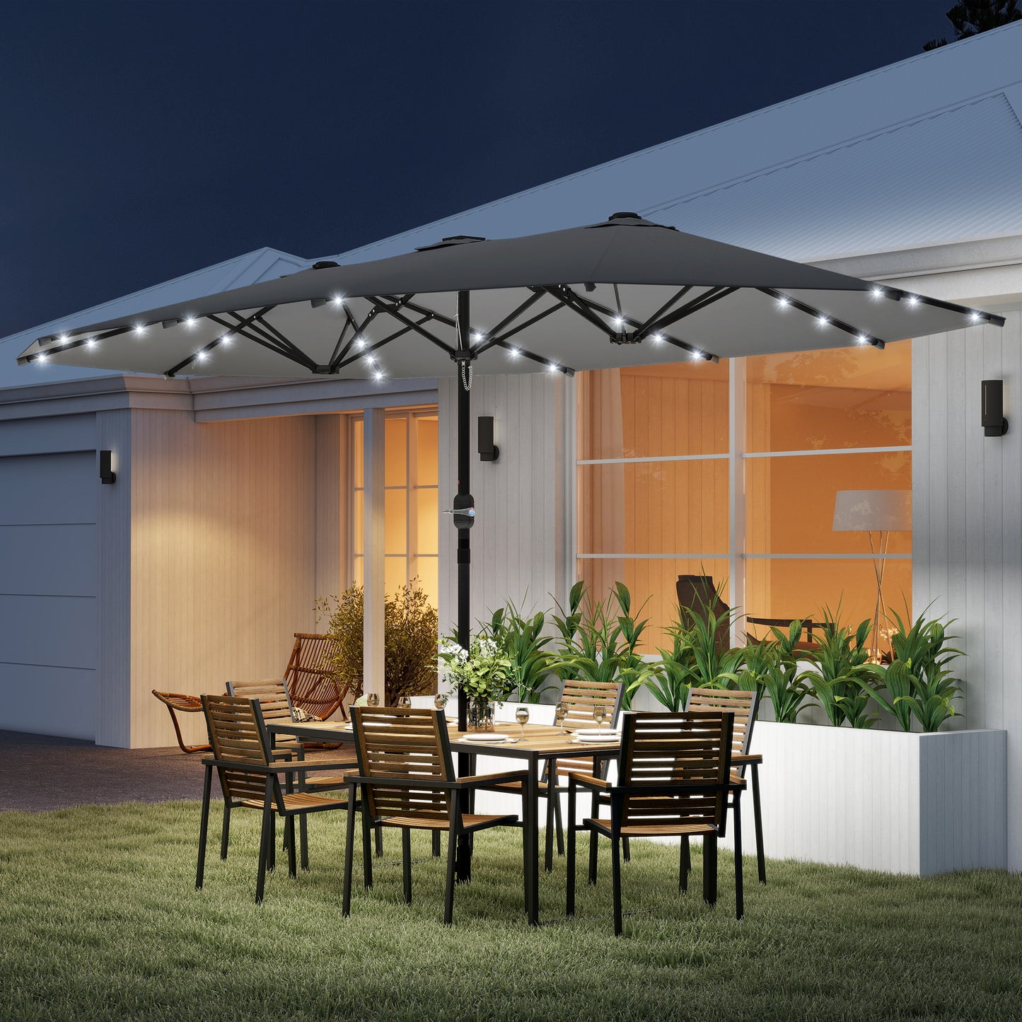 4.4m Double-Sided Sun Umbrella Patio Parasol LED Solar Lights