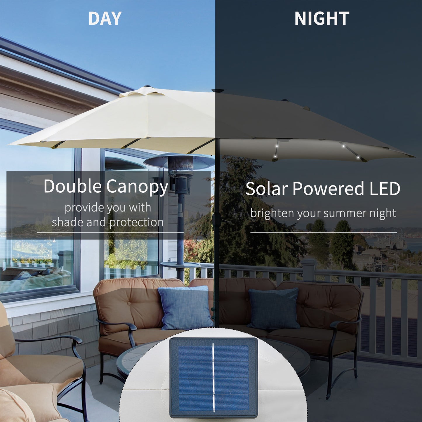 4.4m Double-Sided Sun Umbrella Patio Parasol LED Solar Lights