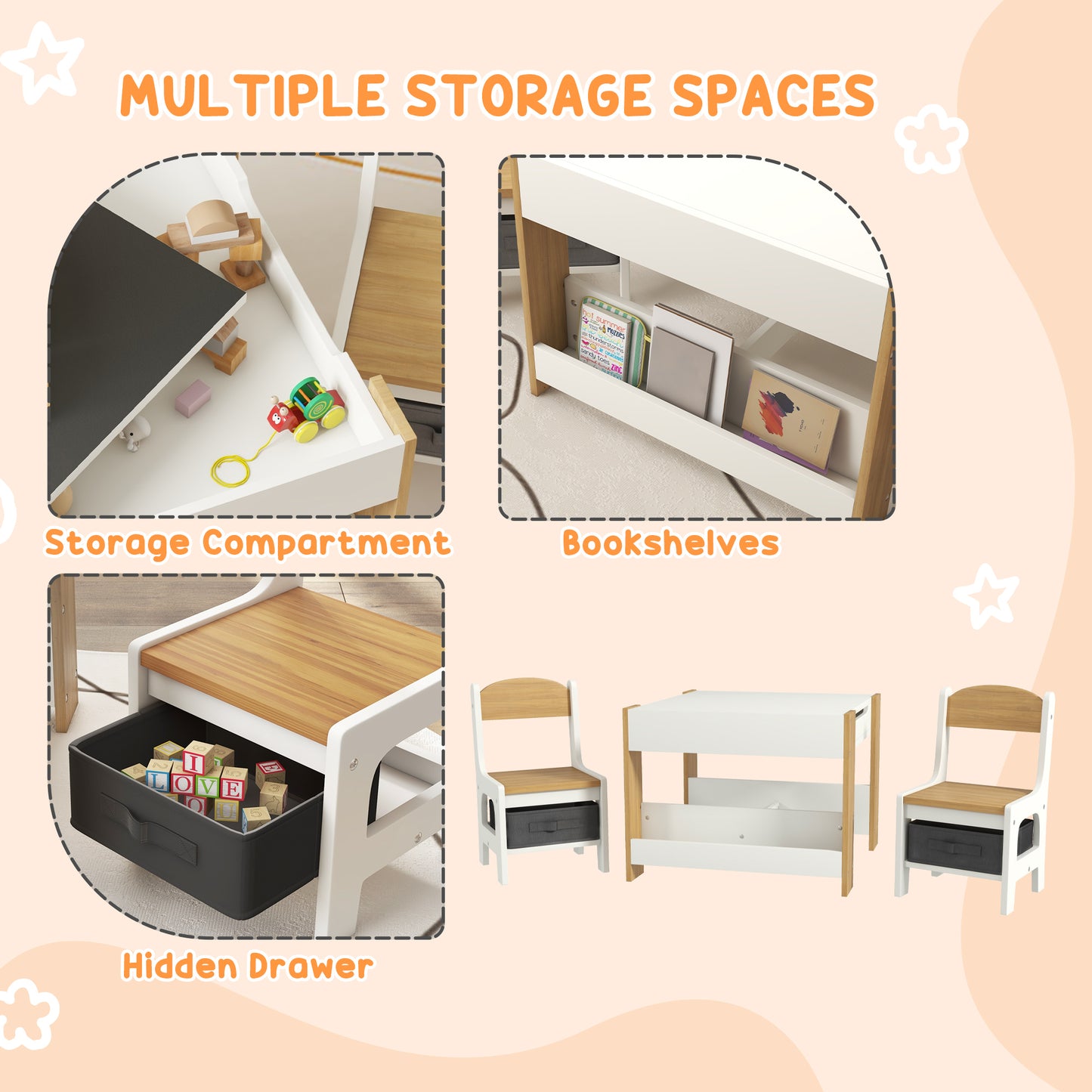 Three-Piece Kids Table and Chair Set with Blackboard, Storage