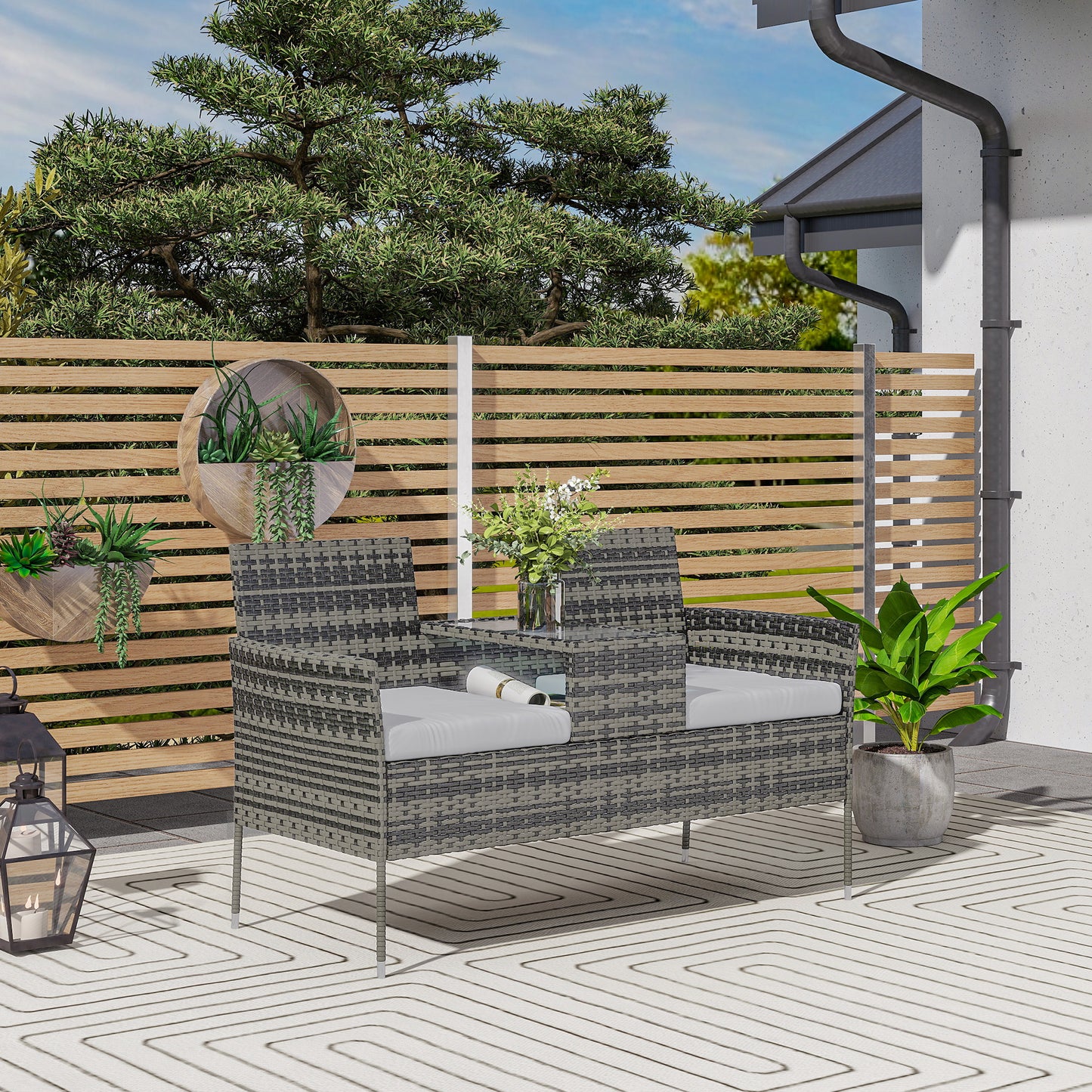 Two-Seat Rattan Chair, with Middle Table