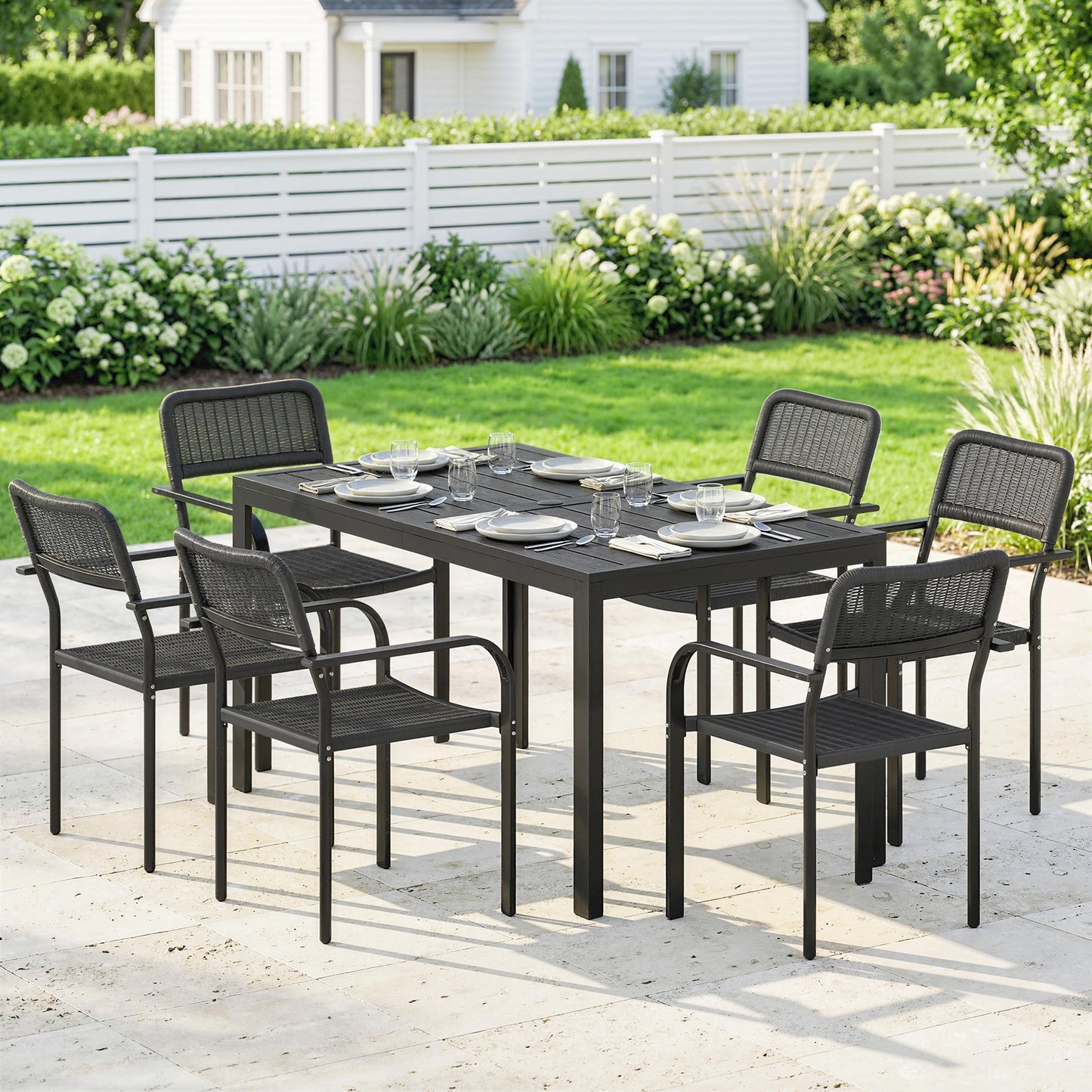 Garden Dining Set for 6, Faux Wood Metal Outdoor Table