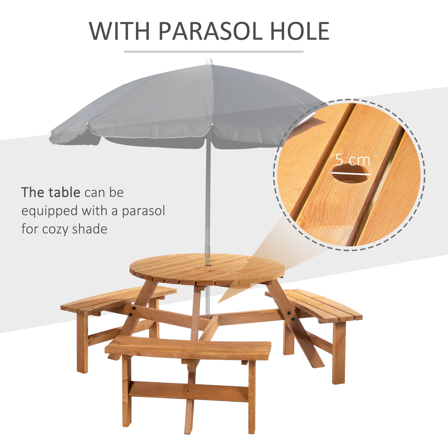 Wooden Garden Dining Set, 6 Seater Round Dining Picnic Table